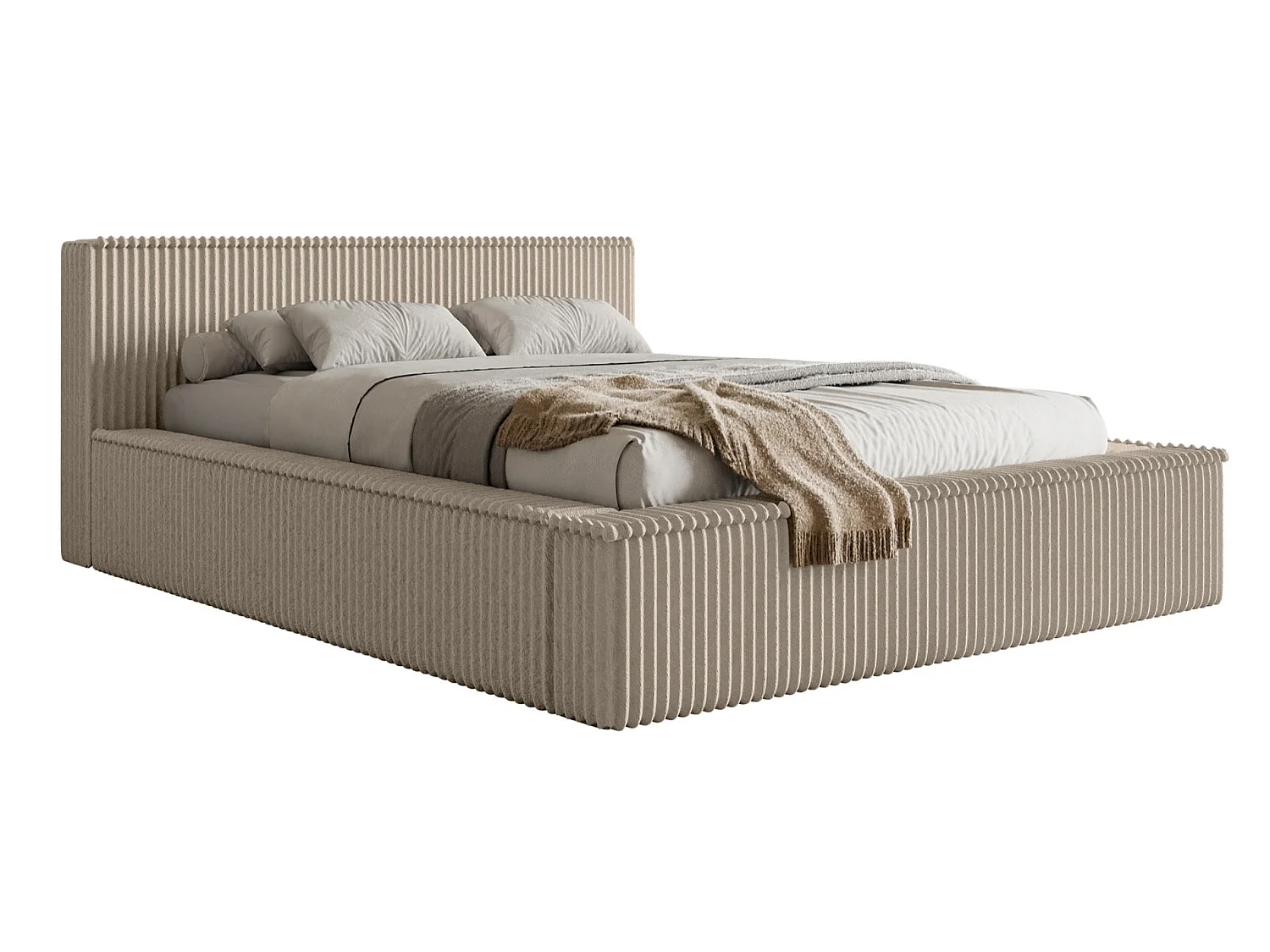 Lit coffre avec tête de lit - 160x200 cm - en velours côtelé beige foncé - AFFOLIO
