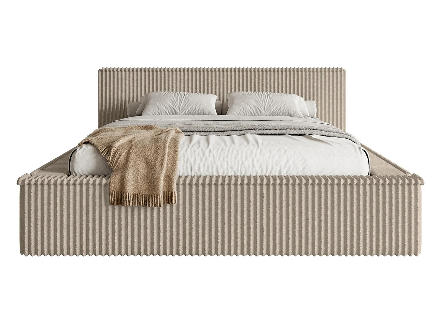 Lit coffre avec tête de lit - 160x200 cm - en velours côtelé beige foncé - AFFOLIO