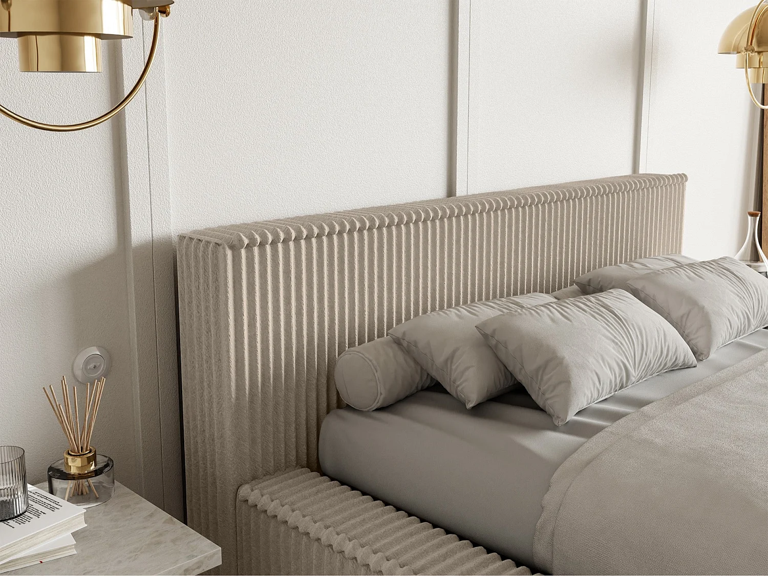 Lit coffre avec tête de lit - 160x200 cm - en velours côtelé beige foncé - AFFOLIO