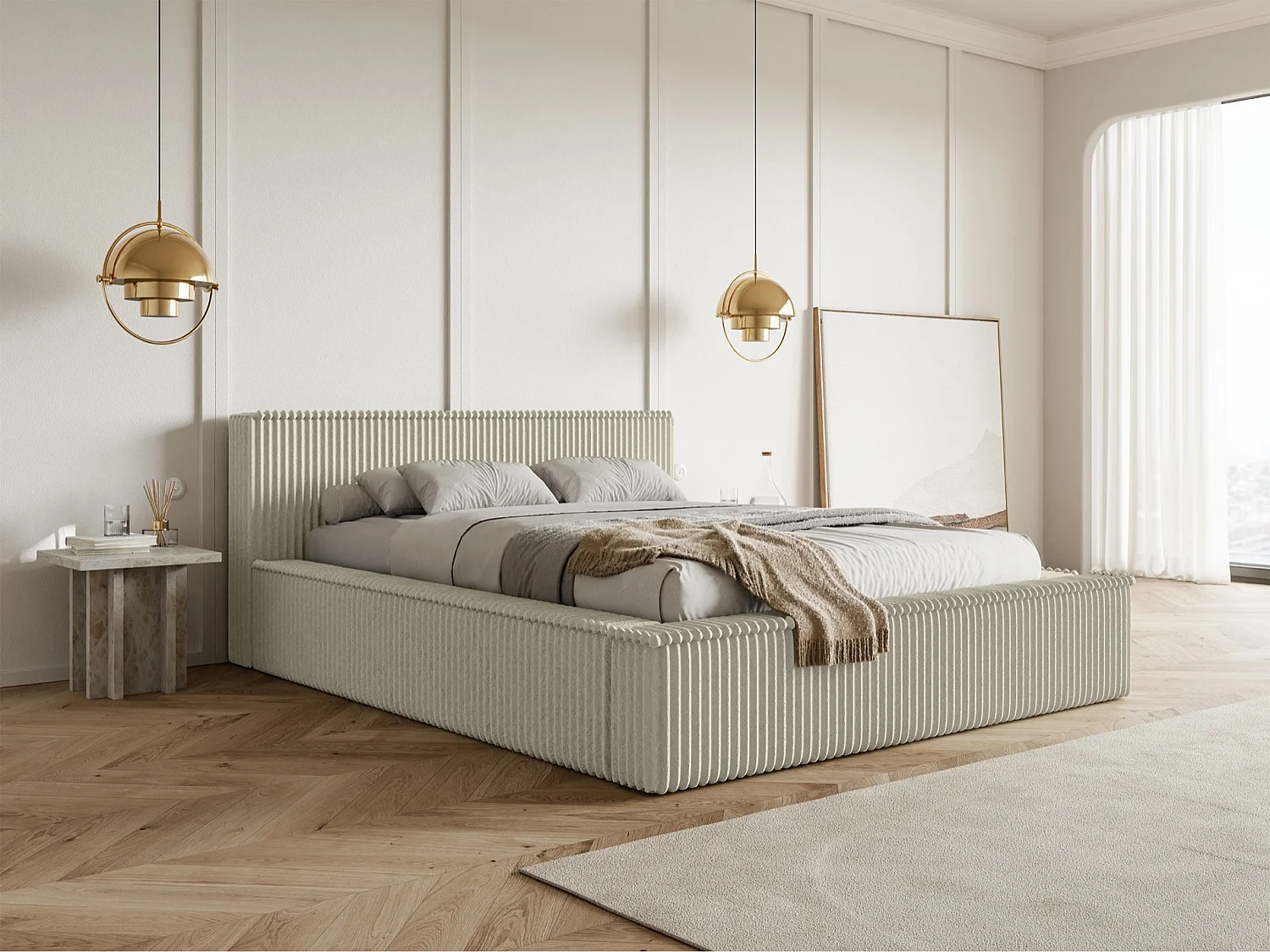 Opbergbed met hoofdeinde - 160x200 cm - in lichtbeige corduroy - AFFOLIO
