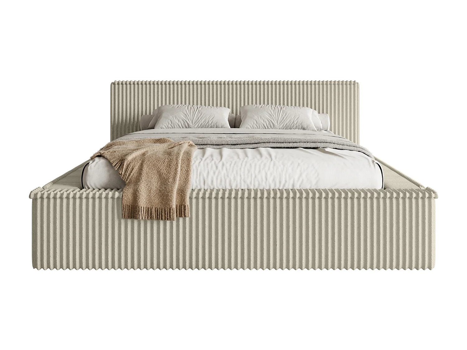 Opbergbed met hoofdeinde - 160x200 cm - in lichtbeige corduroy - AFFOLIO