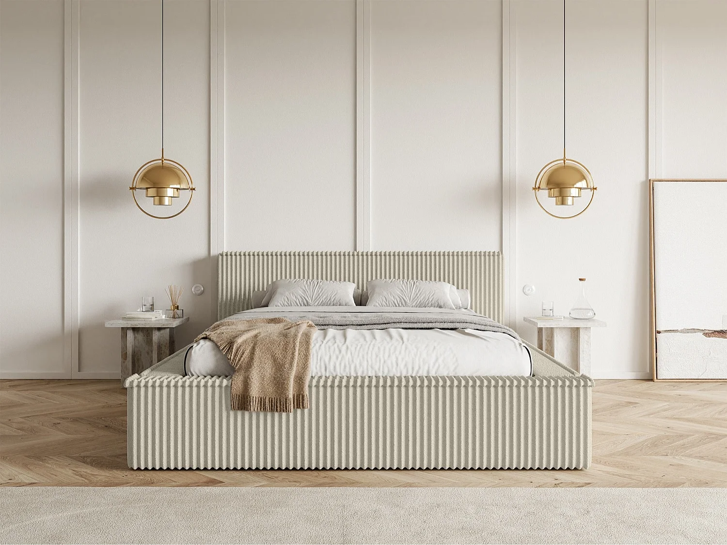 Lit coffre avec tête de lit - 160x200 cm - en velours côtelé beige clair - AFFOLIO