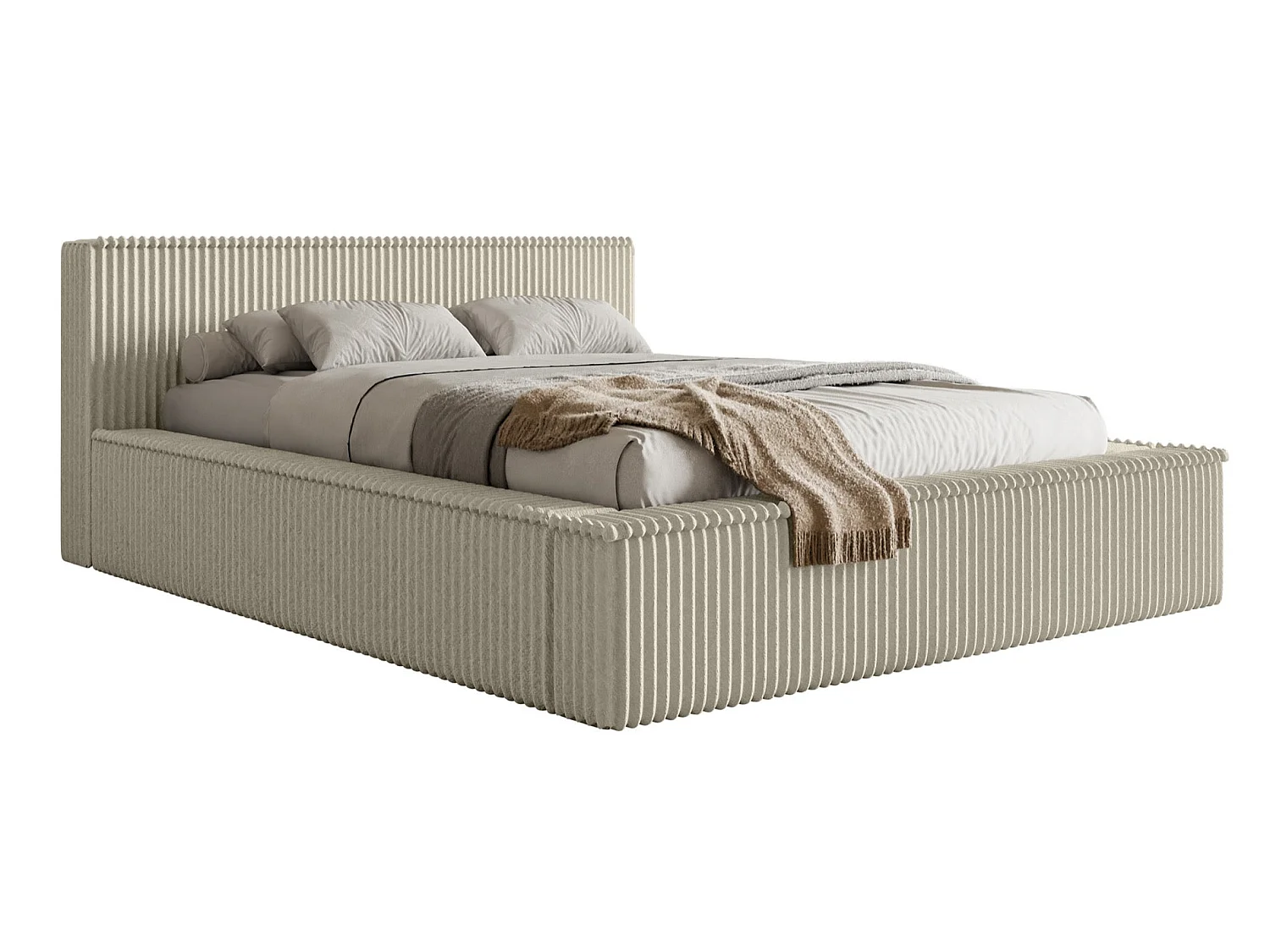 Lit coffre avec tête de lit - 160x200 cm - en velours côtelé beige clair - AFFOLIO