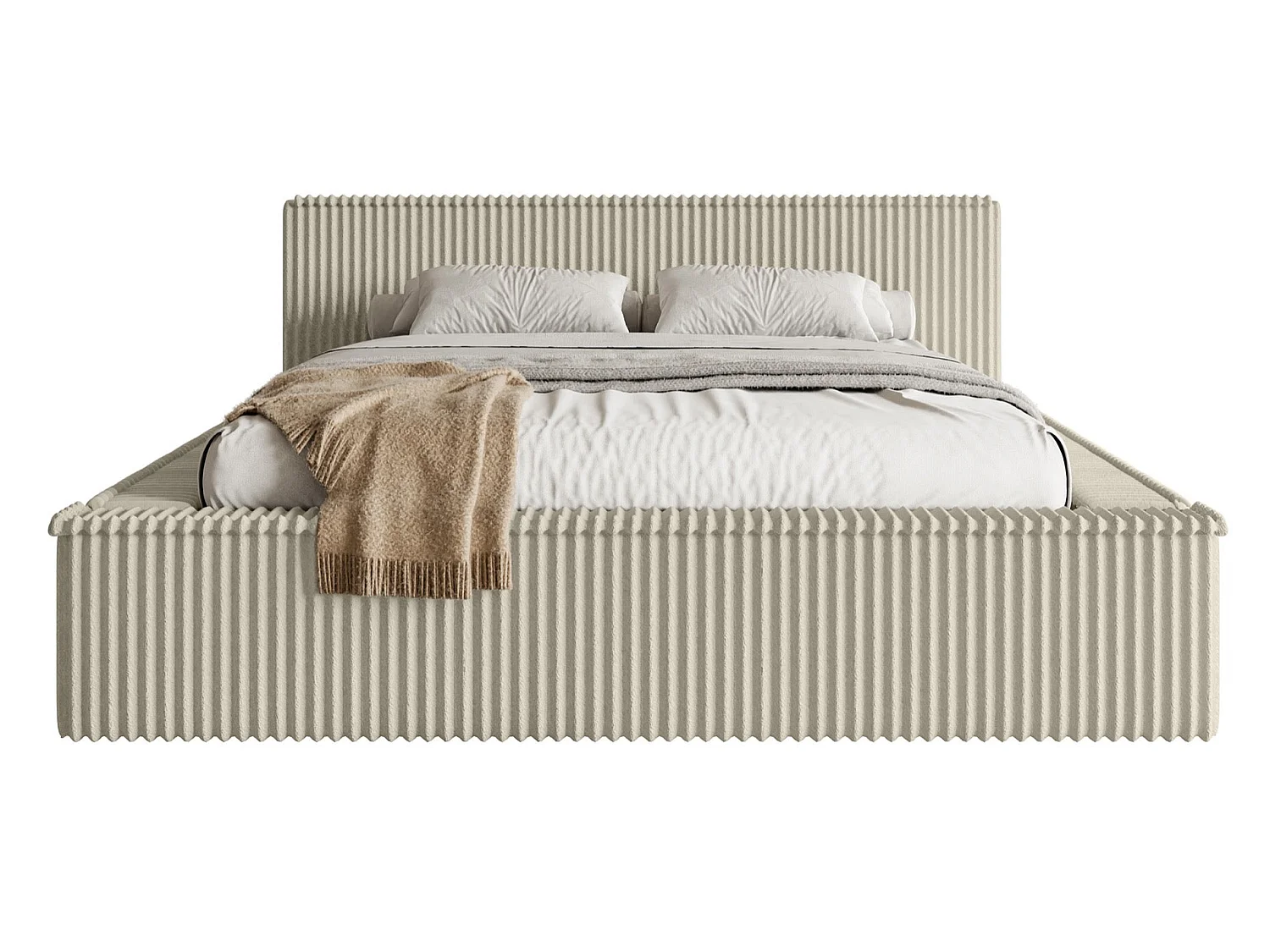 Lit coffre avec tête de lit - 160x200 cm - en velours côtelé beige clair - AFFOLIO