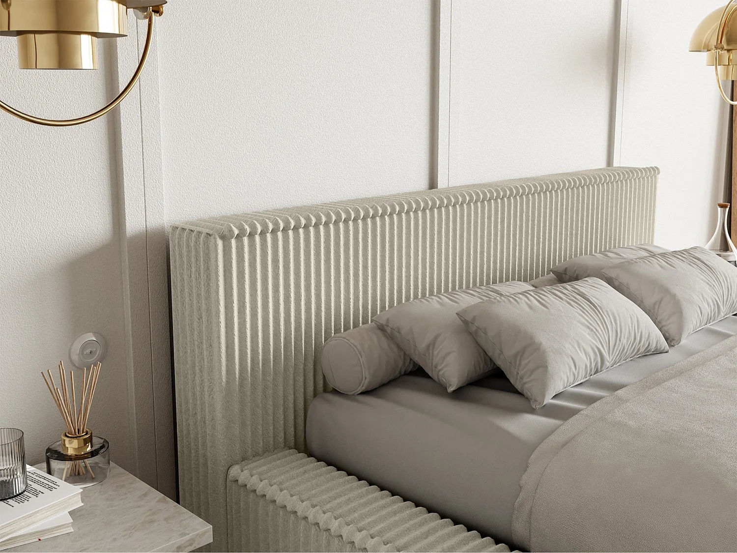 Lit coffre avec tête de lit - 160x200 cm - en velours côtelé beige clair - AFFOLIO