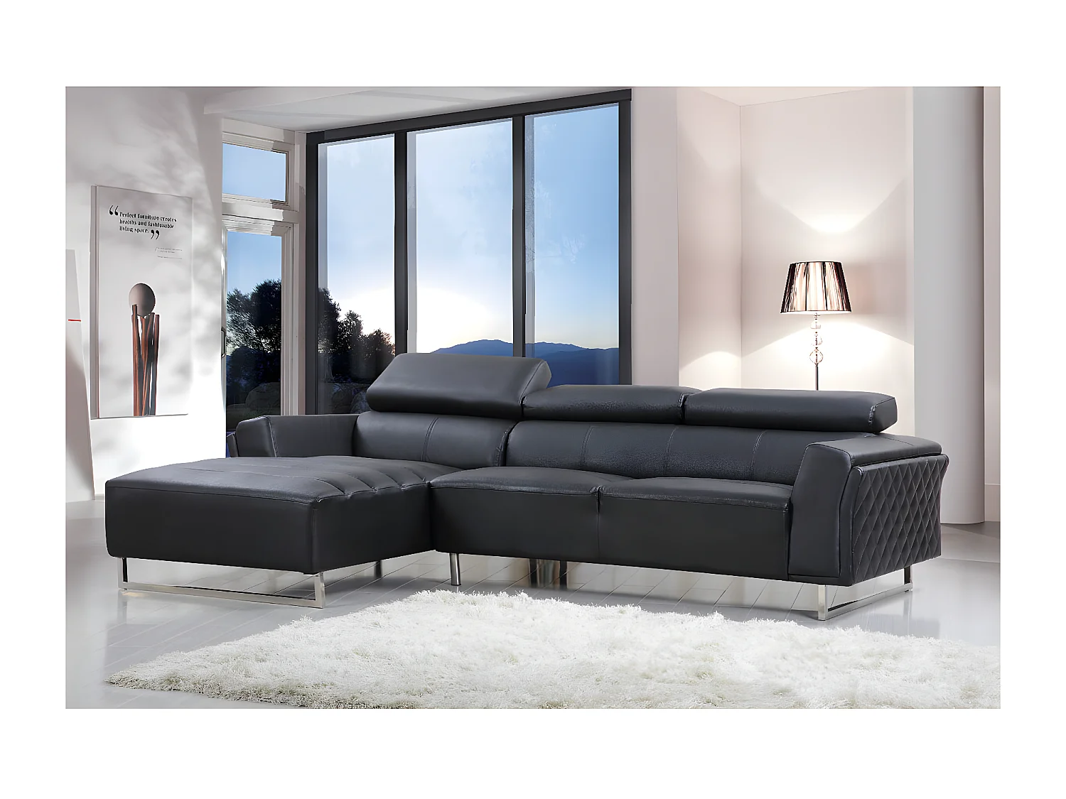 Canapé d'angle cuir reconstitué/PVC "Broadway" - 4 places - Noir - Angle gauche