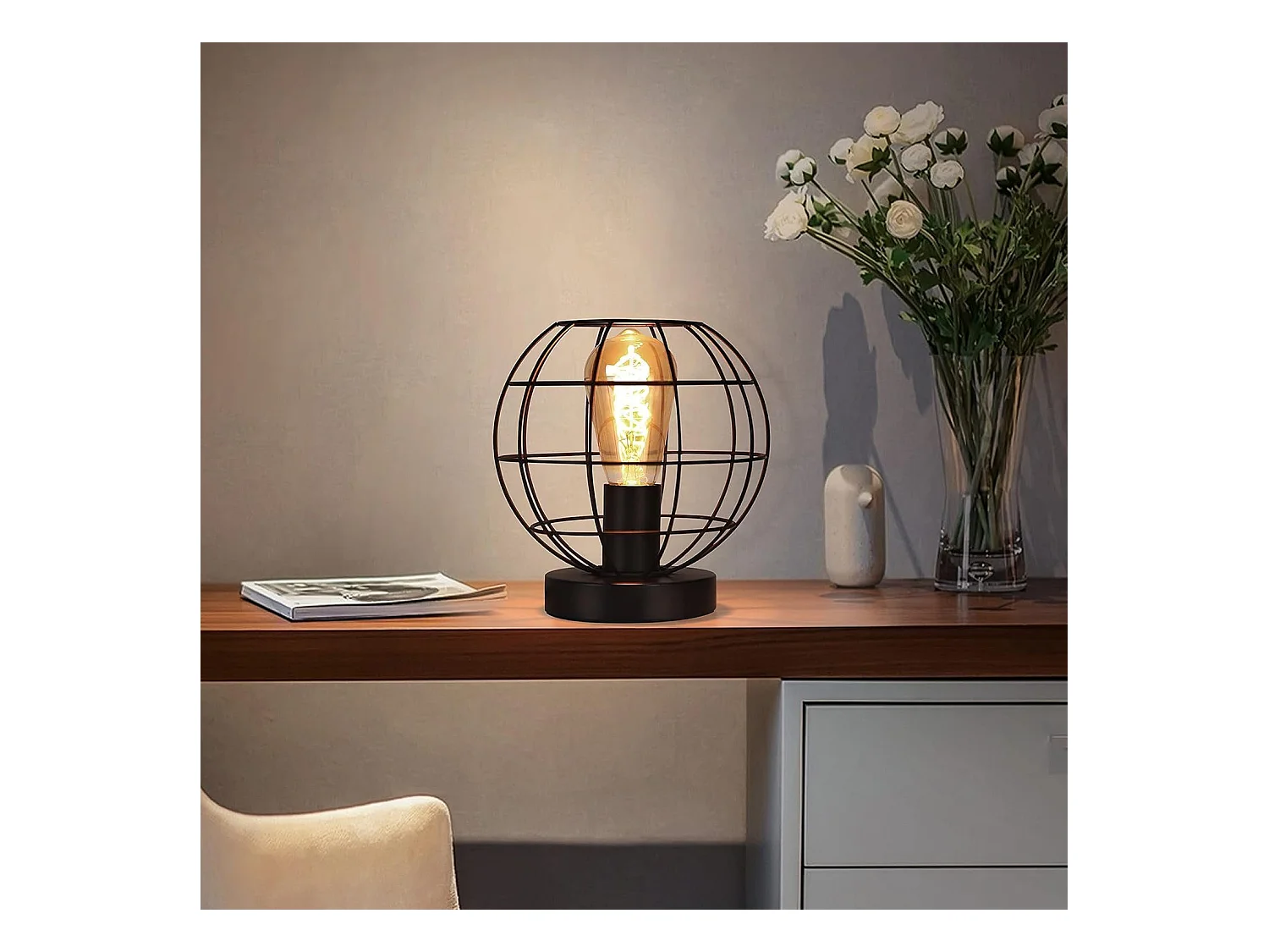 NETTLIFE Lámpara de mesa vintage negra - Lámpara de noche retro Lámpara E27 con casquillo metálico decoración industrial - Máx. 40W - Sin bombillas