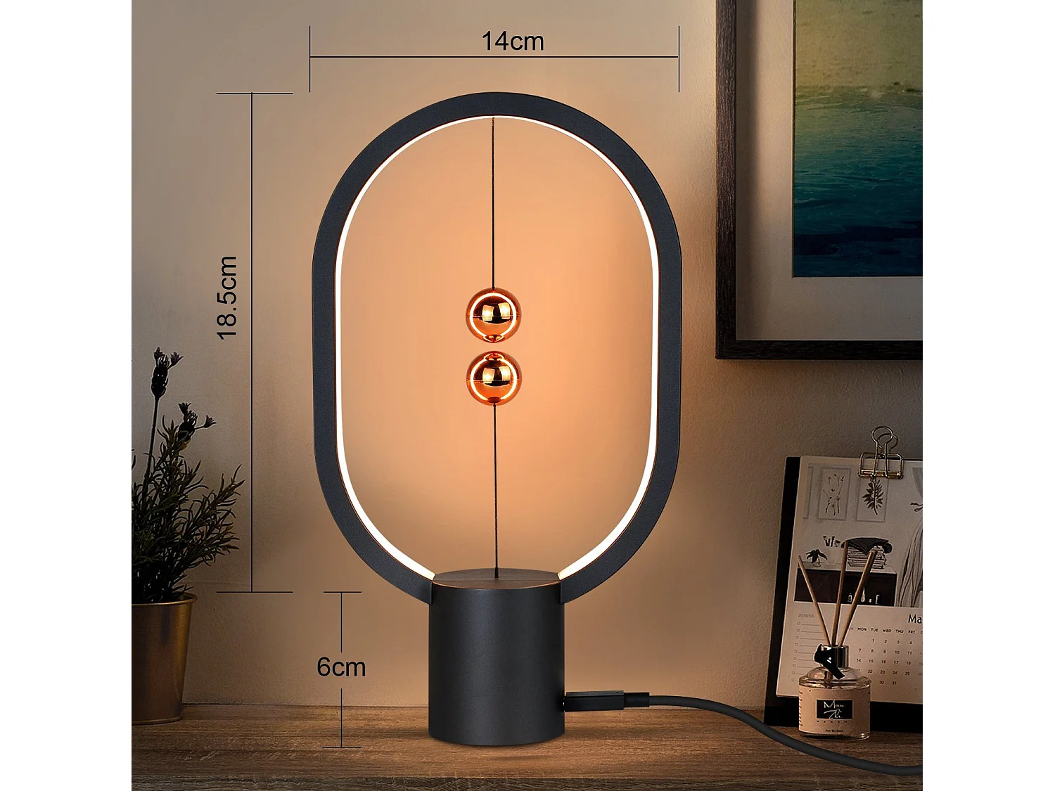 NETTLIFE Mesa de noche - Lámpara LED - Negra, lámpara de mesa: Pequeña lámpara magnética decorativa con USB.