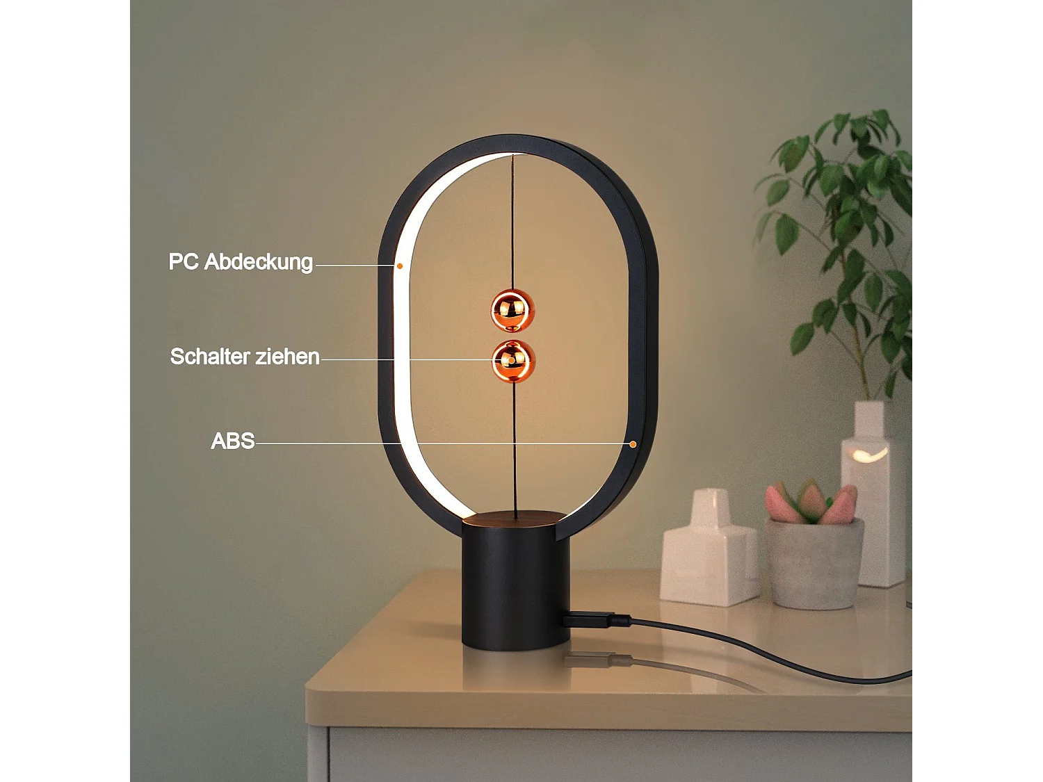 NETTLIFE Mesa de noche - Lámpara LED - Negra, lámpara de mesa: Pequeña lámpara magnética decorativa con USB.