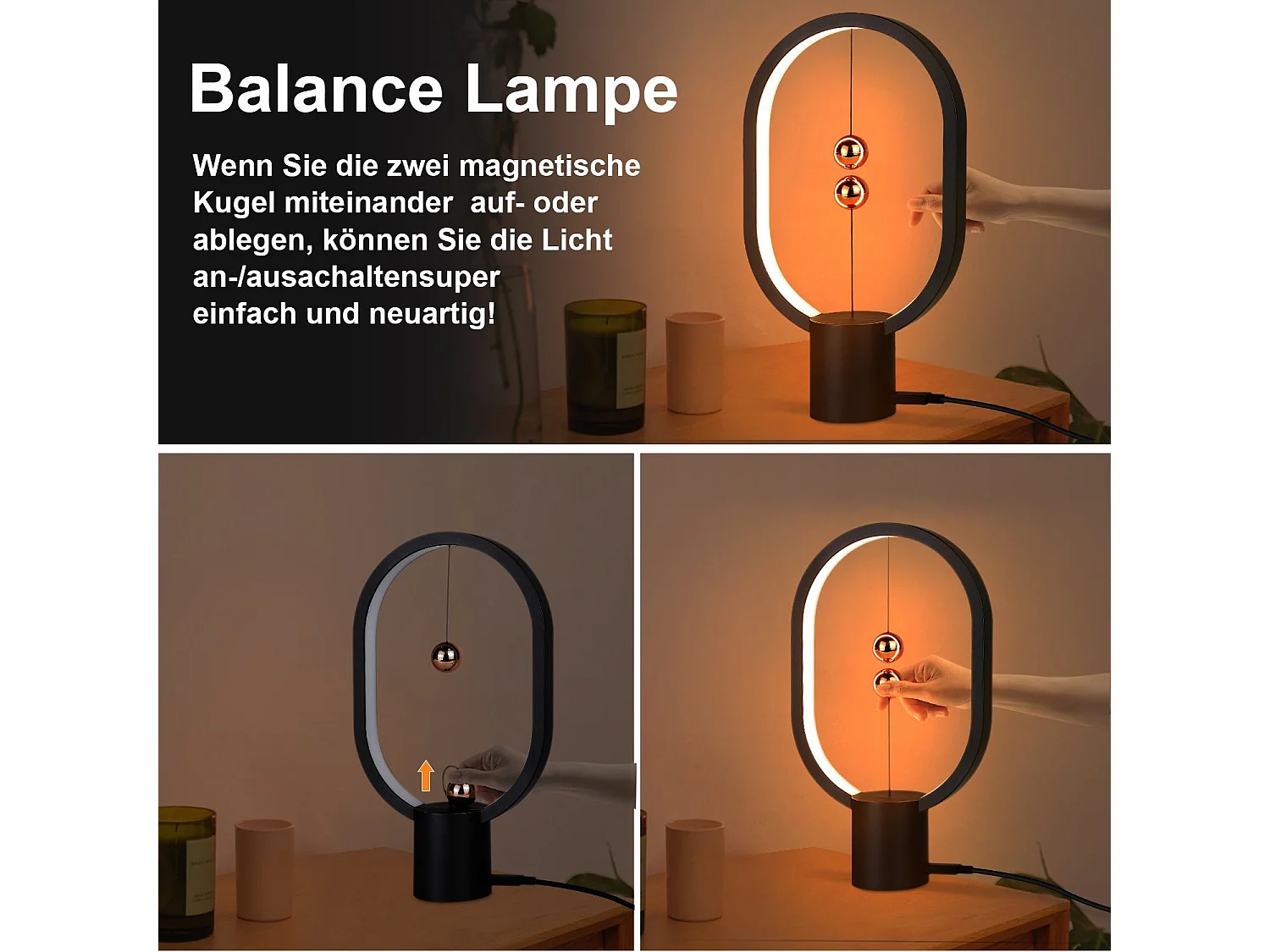 NETTLIFE Mesa de noche - Lámpara LED - Negra, lámpara de mesa: Pequeña lámpara magnética decorativa con USB.