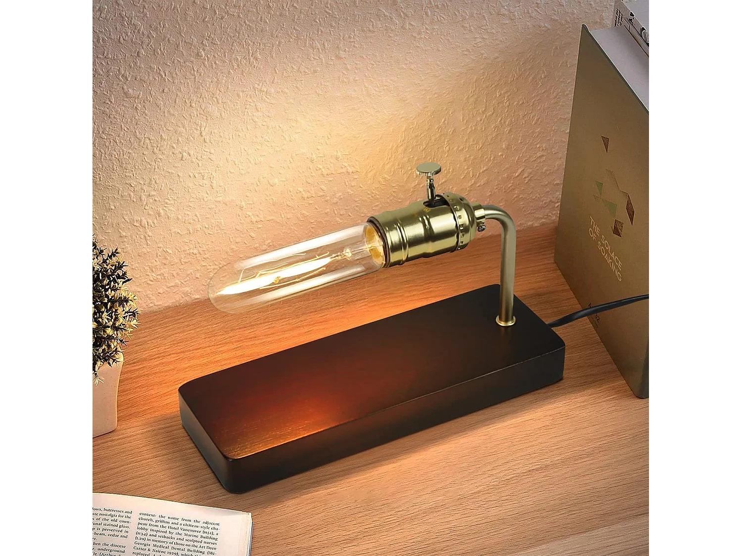 NETTLIFE Vintage - Holztischlampe - mit Schalter, retro Design, Steampunk - Nachtlampe, antikes Metall (ohne Glühbirnen)