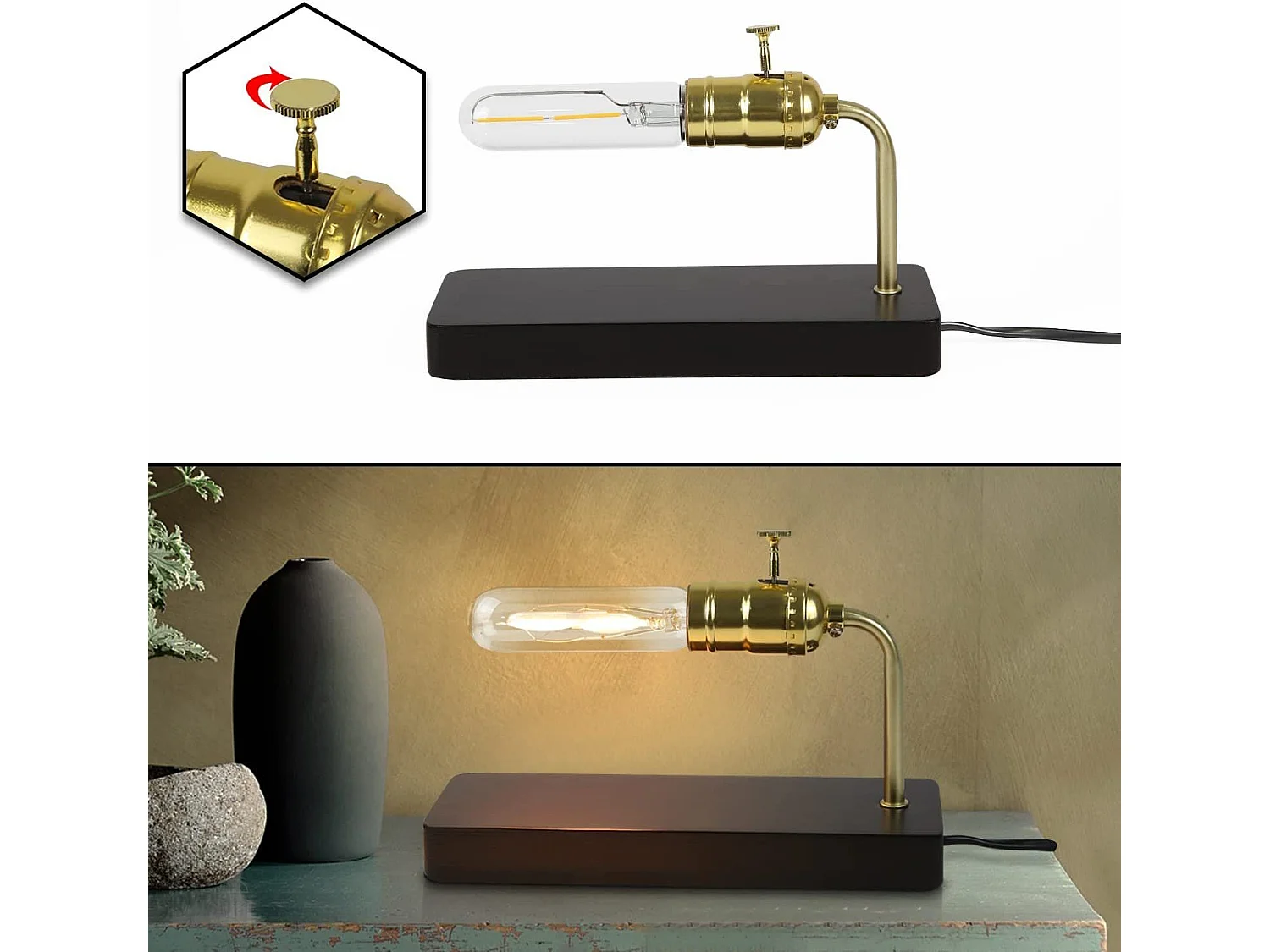 NETTLIFE Lampe de table vintage en bois -avec interrupteur Design rétro Lampe de nuit Steampunk Antique Métall(sans ampoules)