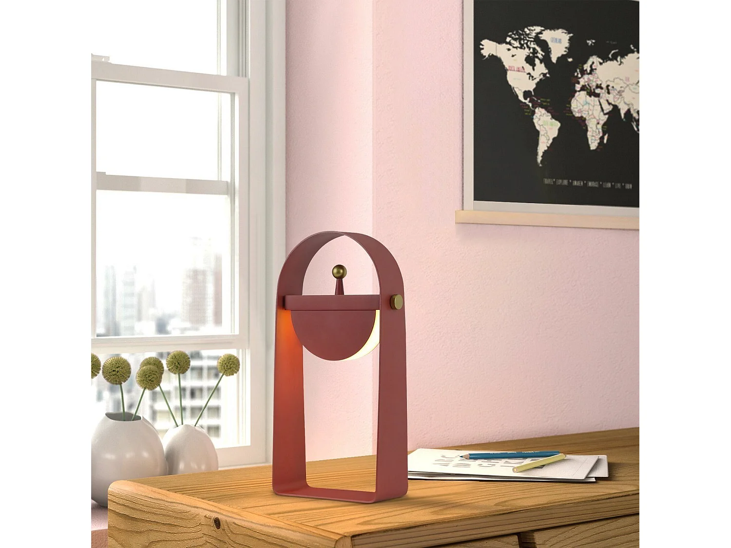 NETTLIFE Lampa stołowa LED Lampka nocna Bezprzewodowa - Przenośna lampka nocna Regulowana jasność 26CM, różowa