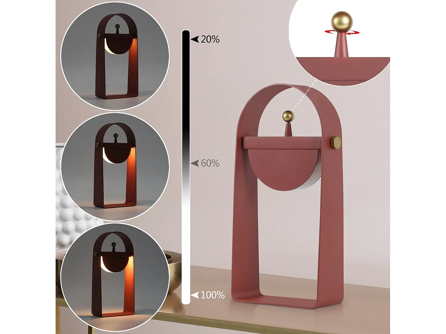 NETTLIFE Lampa stołowa LED Lampka nocna Bezprzewodowa - Przenośna lampka nocna Regulowana jasność 26CM, różowa