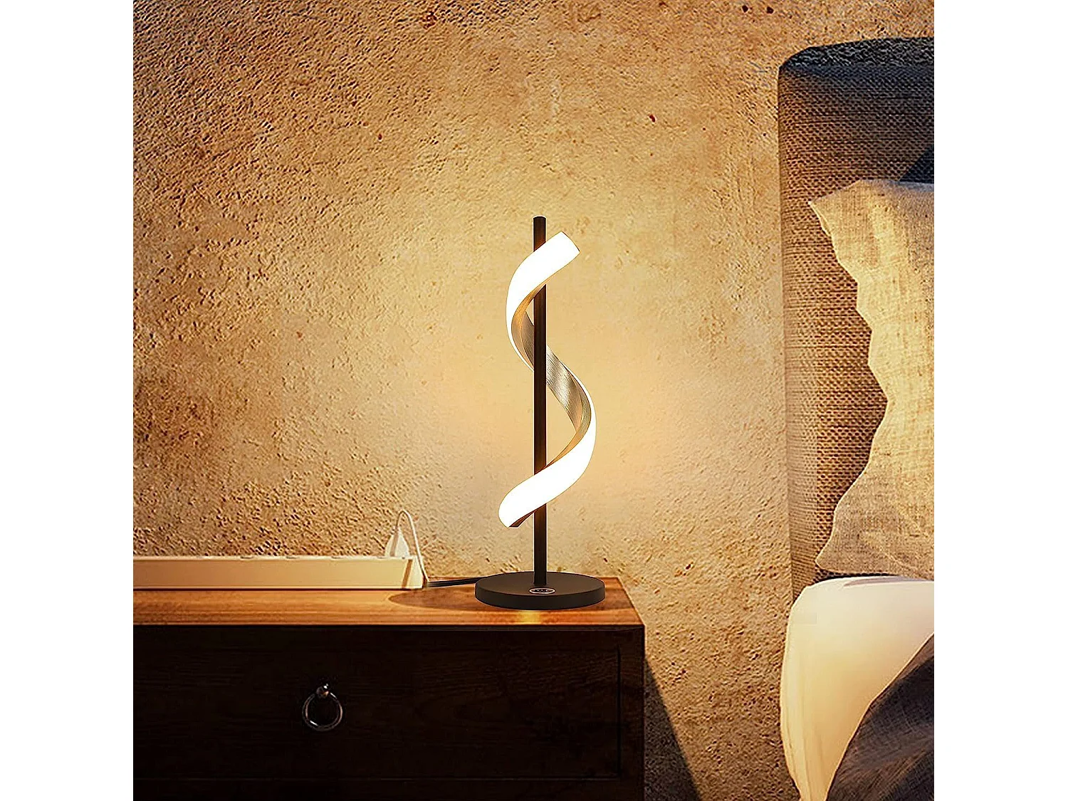 NETTLIFE Lampe de bureau LED de chevet Touch Dimmable -  moderne Chambre 3000K Blanc chaud Lampe de bureau au design ondulé avec 2.1M de câble