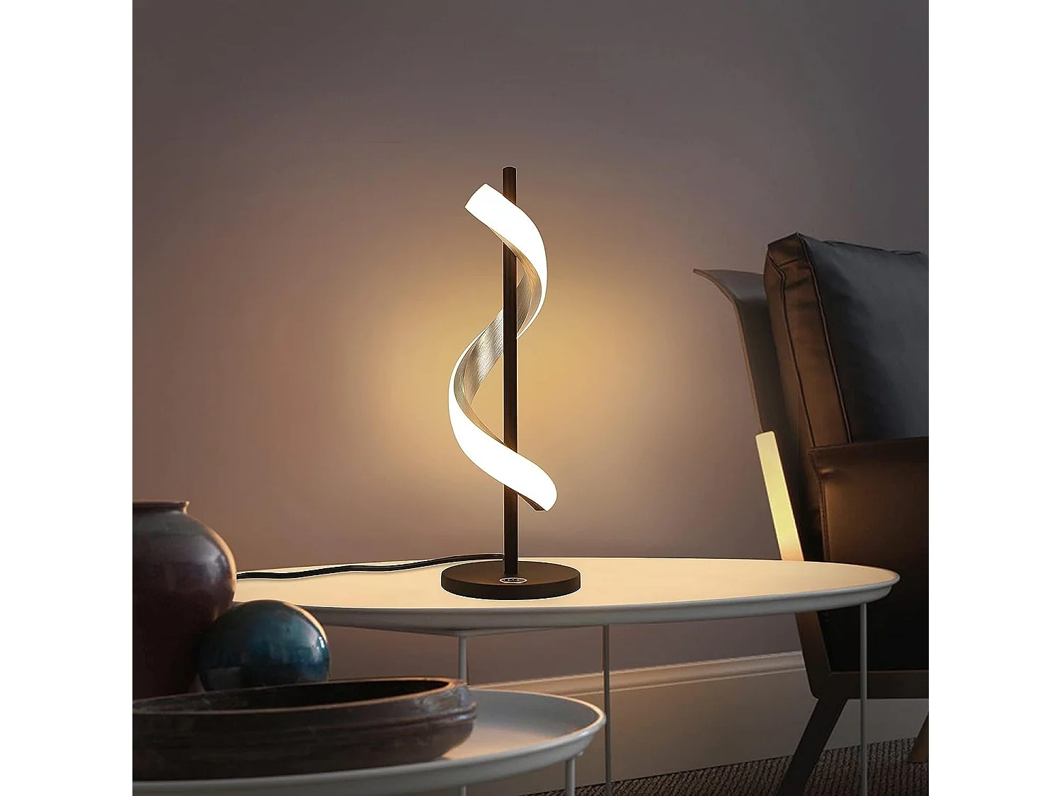NETTLIFE Lampe de bureau LED de chevet Touch Dimmable -  moderne Chambre 3000K Blanc chaud Lampe de bureau au design ondulé avec 2.1M de câble
