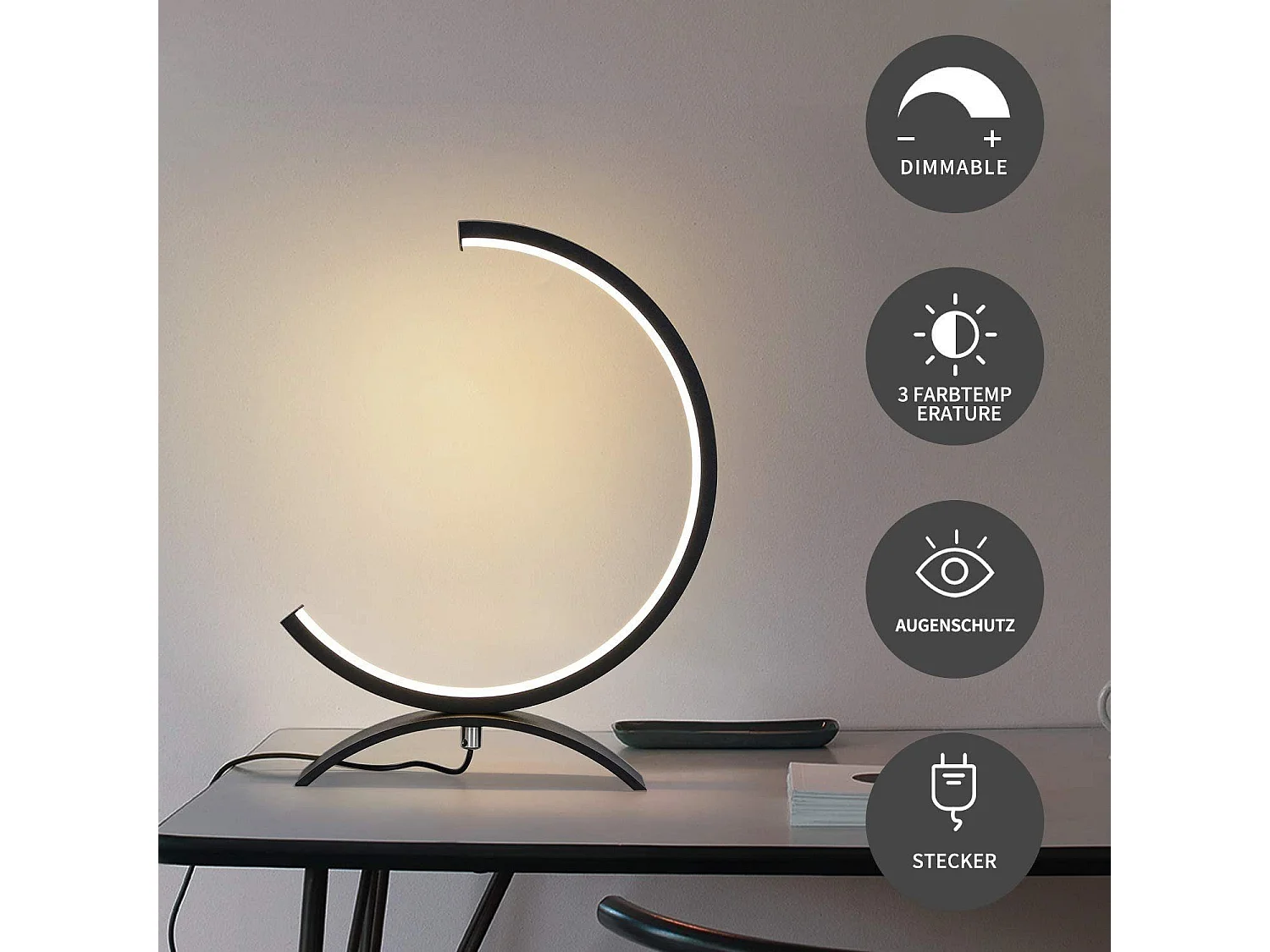 NETTLIFE Lampe de table Led de table à intensité variable - Lampe de chevet noire 7W Design moderne Lampe de lecture avec câble 3M