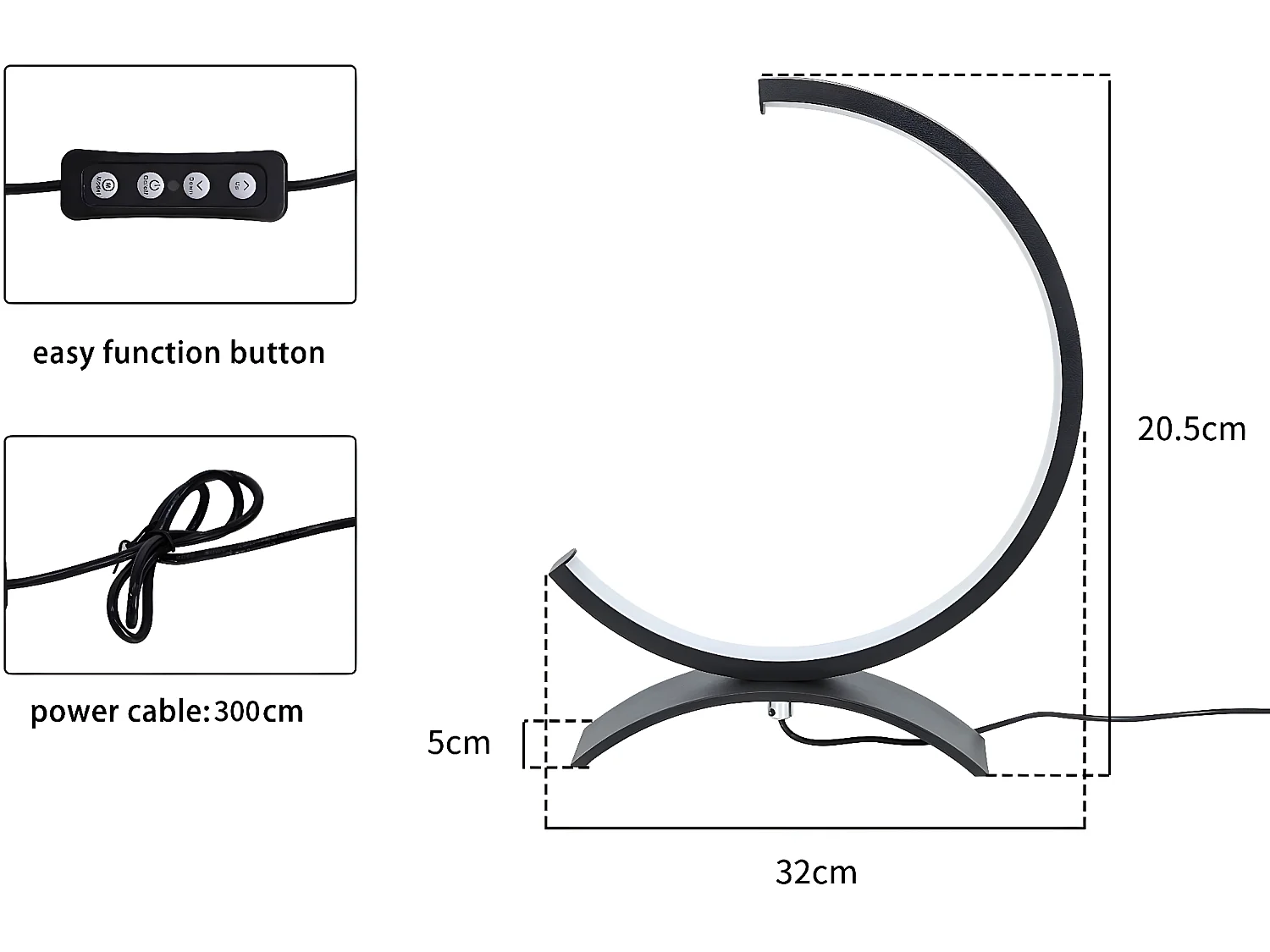 NETTLIFE Lampe de table Led de table à intensité variable - Lampe de chevet noire 7W Design moderne Lampe de lecture avec câble 3M