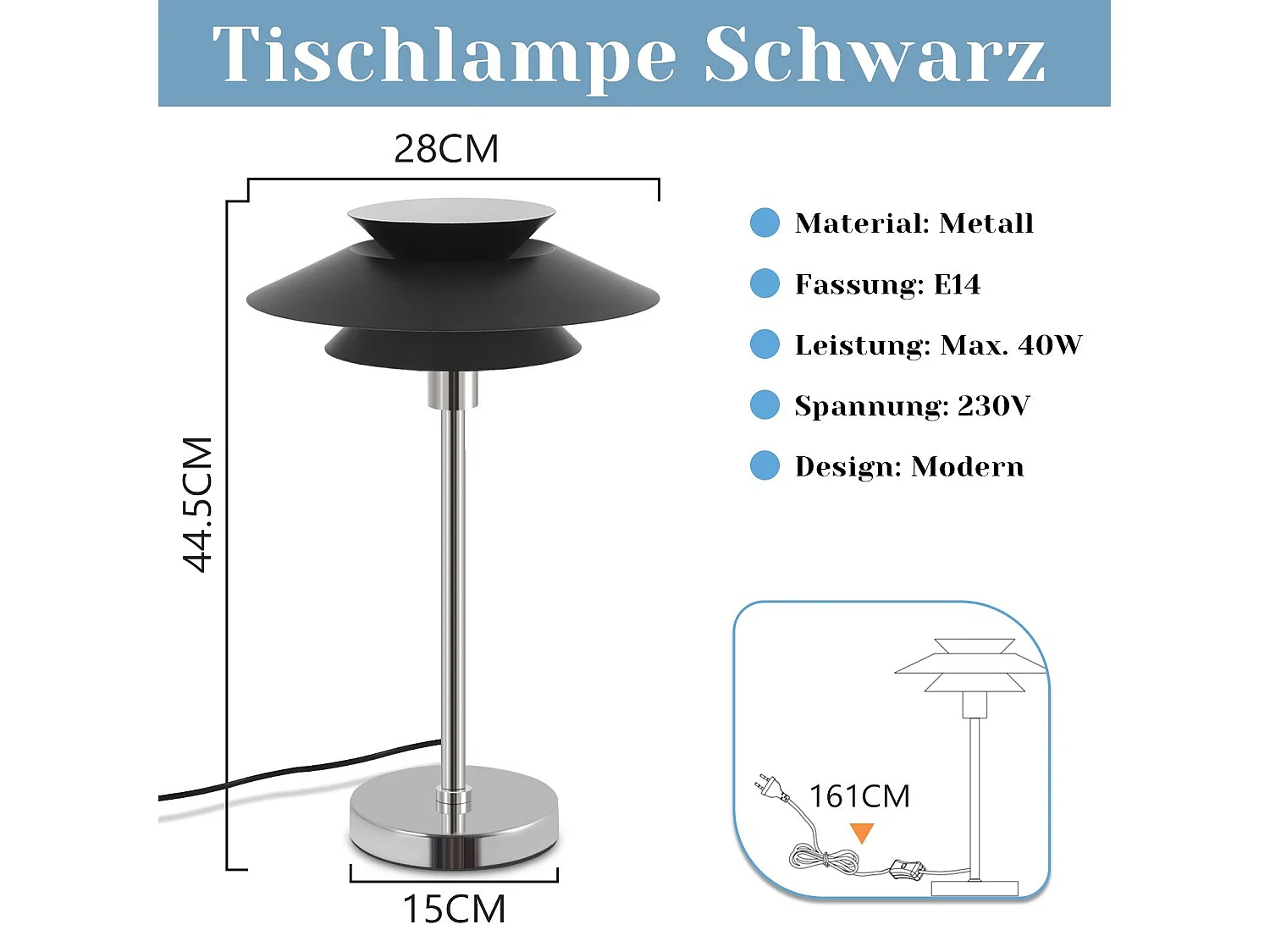 NETTLIFE Schwarze Tischleuchte, Moderne Nachttischlampe E14 1-flammig, Wohnzimmer Designer Metall Tischlampe mit Kabel, Nachttischlampe