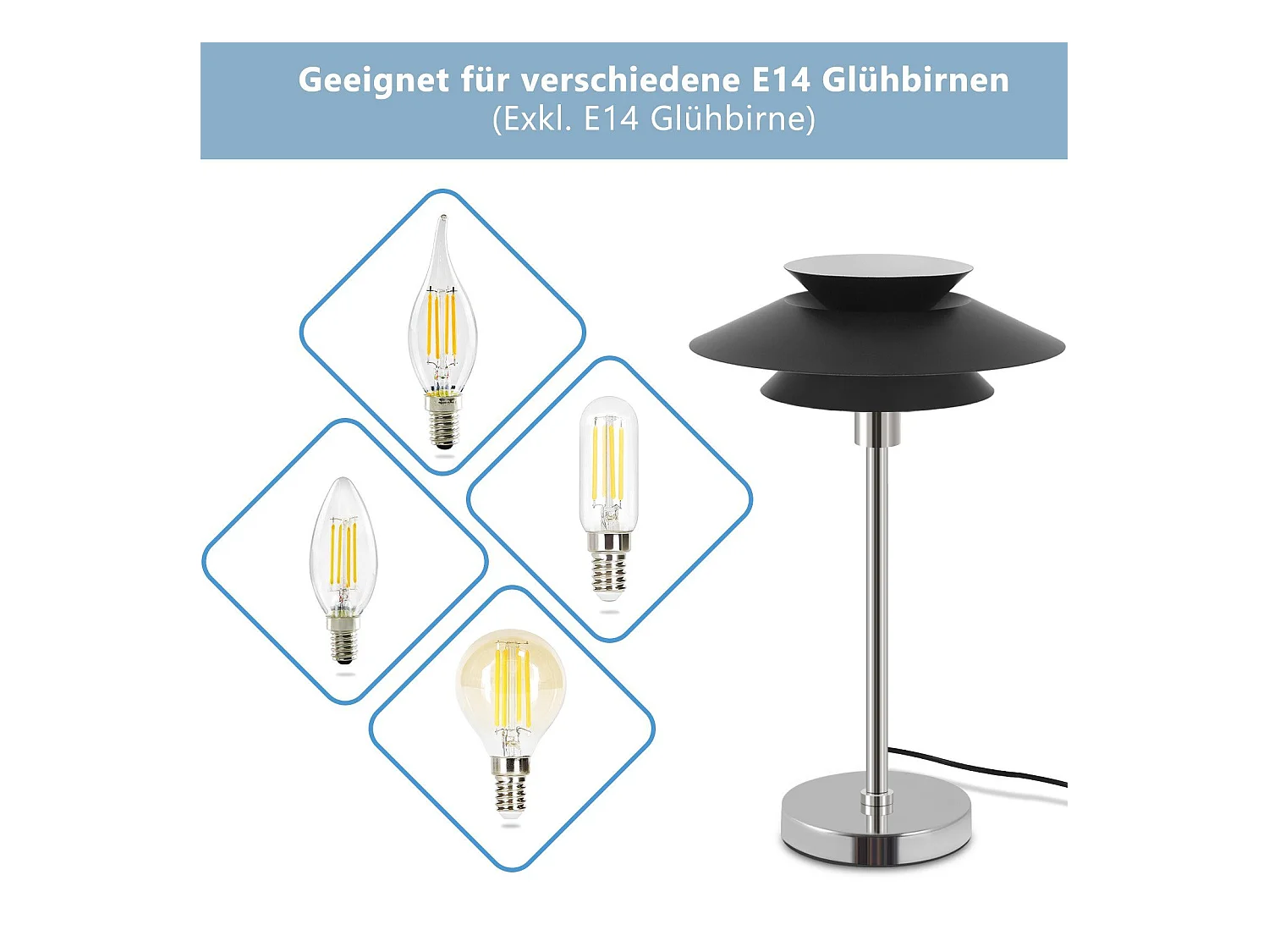 NETTLIFE Lámpara de mesa negra Lámpara de noche moderna E14 1 llama Salón Lámpara de mesa de metal de diseño con cable Lámpara de noche