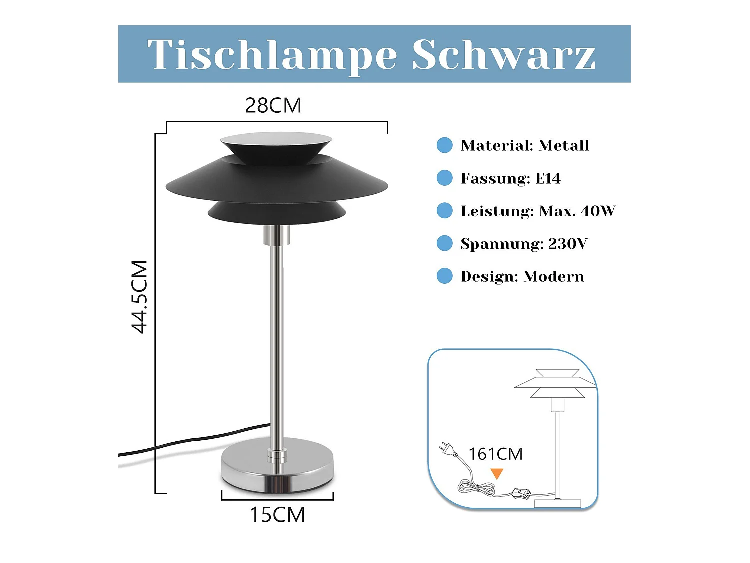 NETTLIFE Lámpara de mesa negra Lámpara de noche moderna E14 1 llama Salón Lámpara de mesa de metal de diseño con cable Lámpara de noche