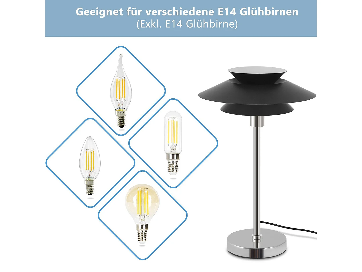 NETTLIFE Lampe de table noire Lampe de chevet moderne E14 1 flamme Salon Lampe de table métal design avec câble Lampe de chevet