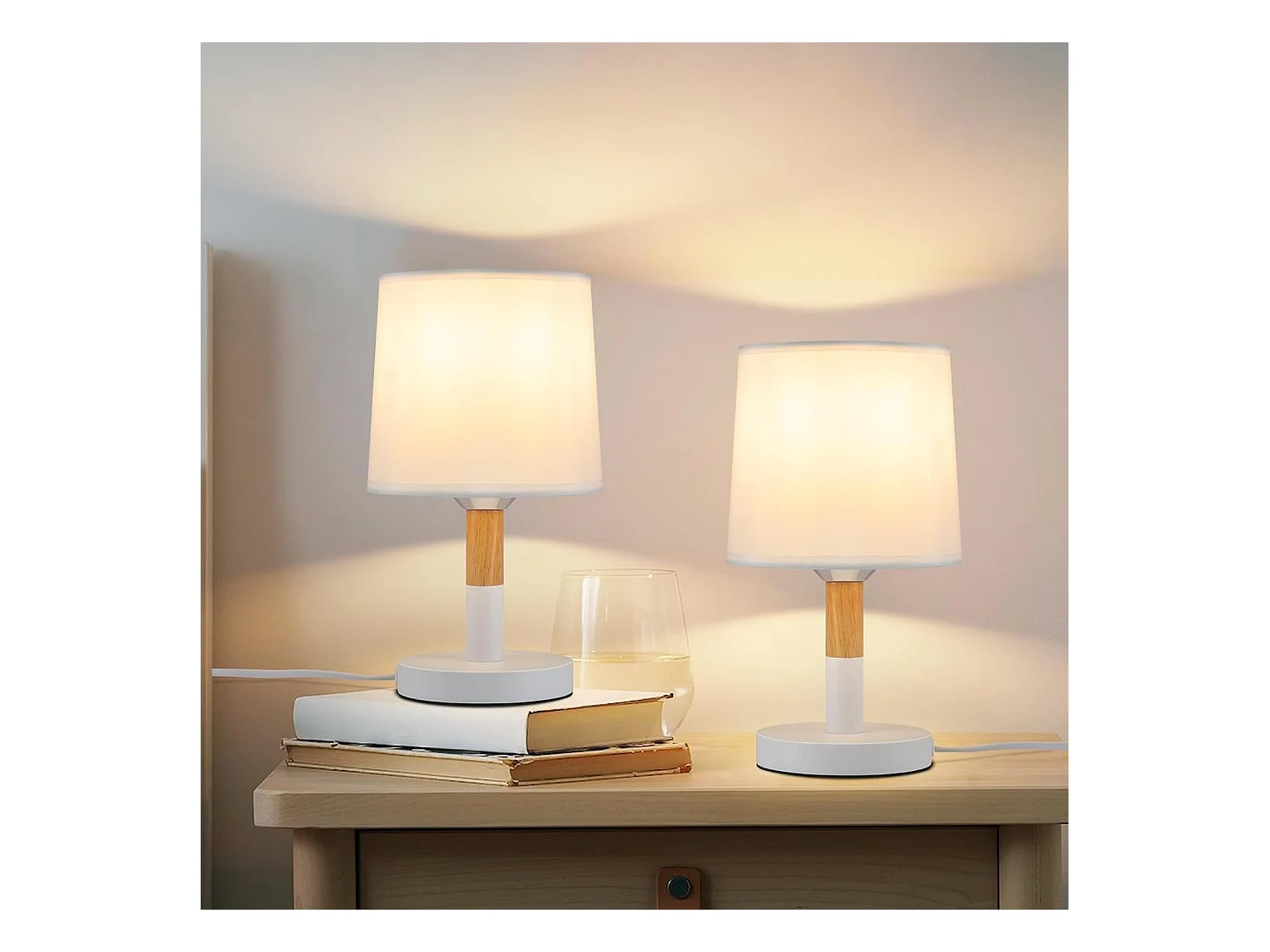NETTLIFE Lampe de chevet Set de 2 lampes de table Salon -  en bois E27 Douille Bedside Lamp Chambre à coucher Blanc