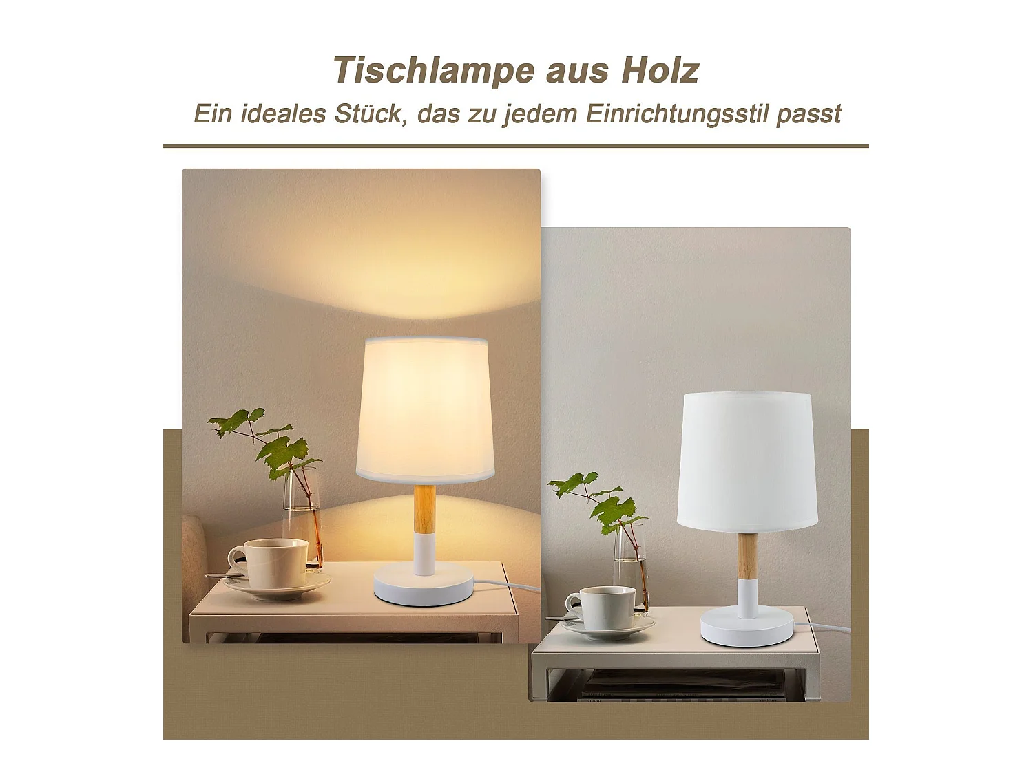 NETTLIFE Lampe de chevet Set de 2 lampes de table Salon -  en bois E27 Douille Bedside Lamp Chambre à coucher Blanc