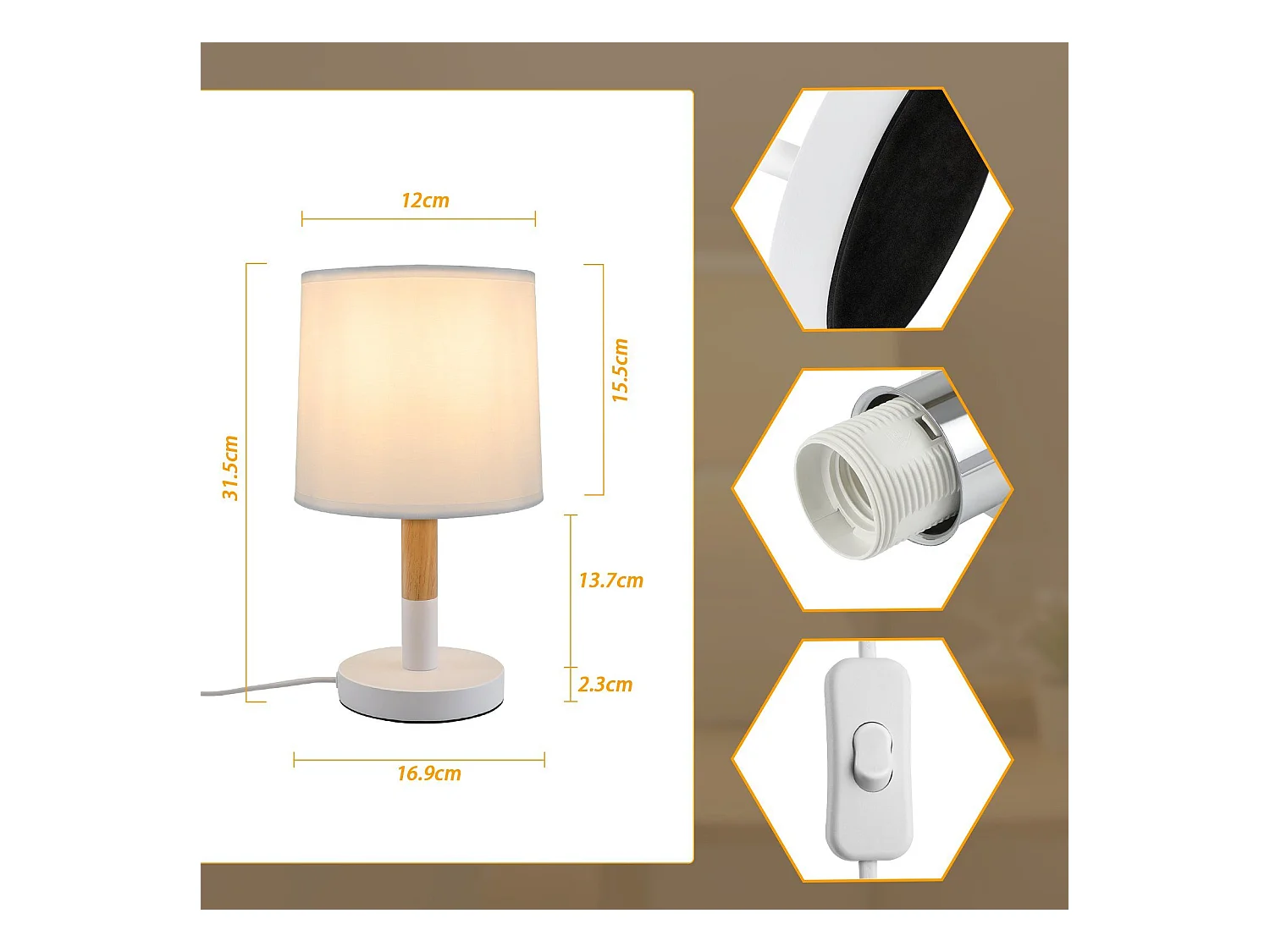 NETTLIFE Lampe de chevet Set de 2 lampes de table Salon -  en bois E27 Douille Bedside Lamp Chambre à coucher Blanc