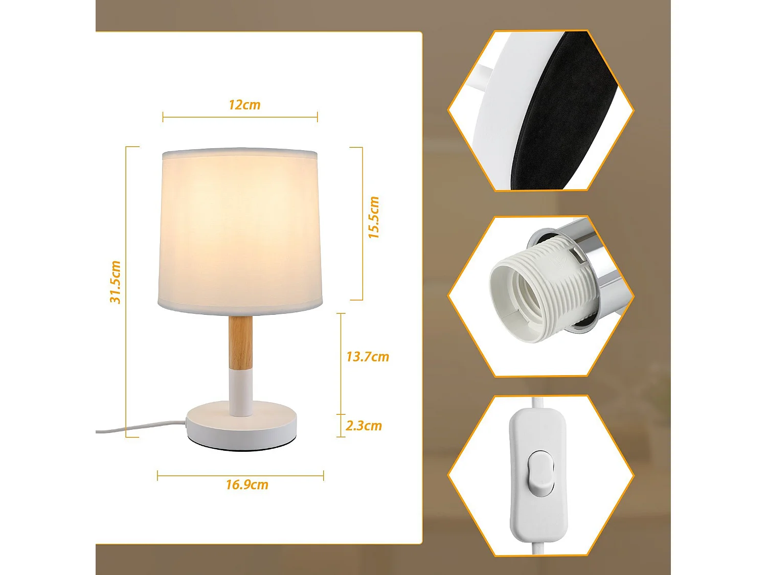 NETTLIFE Lampe de chevet Set de 2 lampes de table Salon -  en bois E27 Douille Bedside Lamp Chambre à coucher Blanc