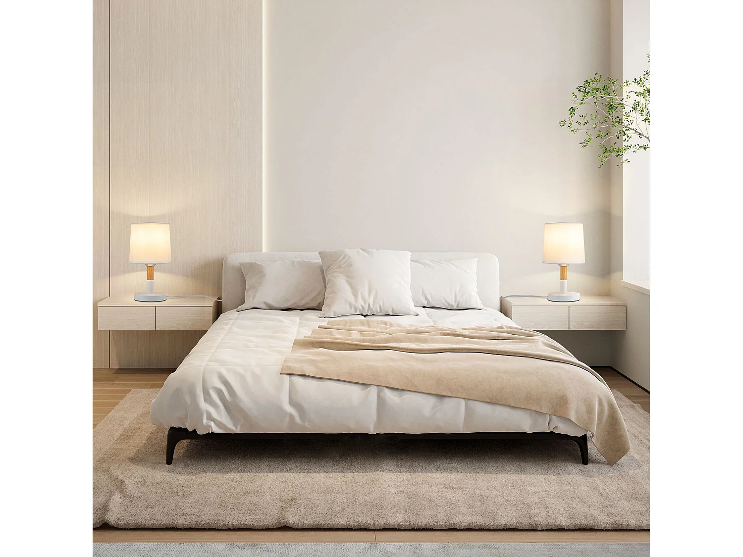 NETTLIFE Lampe de chevet Set de 2 lampes de table Salon -  en bois E27 Douille Bedside Lamp Chambre à coucher Blanc