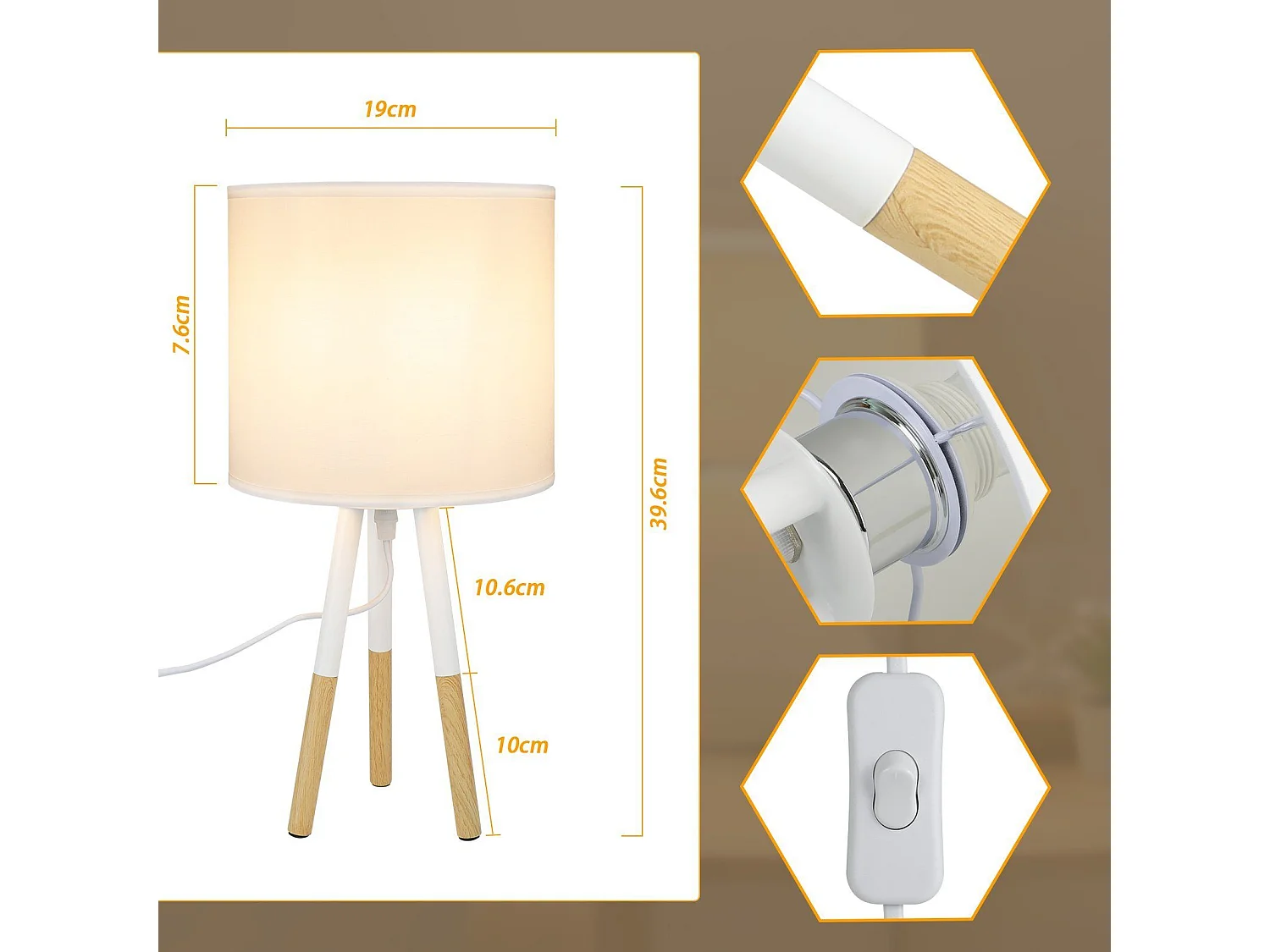 NETTLIFE Nachtkastanjelamp. Set van 1 moderne tafellamp - Salon - tafellamp met stofkap. Doosje E27, maximaal 40W, wit.