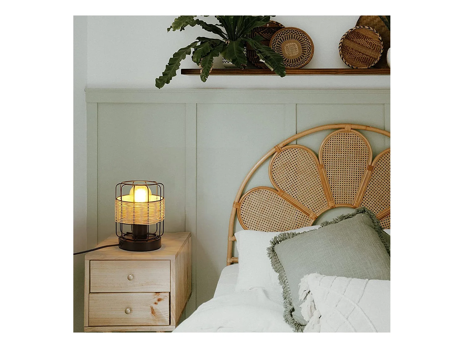 NETTLIFE Tafellamp rotan - E27 Fitting - Vintage - zwart - boho bedlamp - metaal bureaulamp - voor slaapkamer | woonkamer - Zonder lichtbron