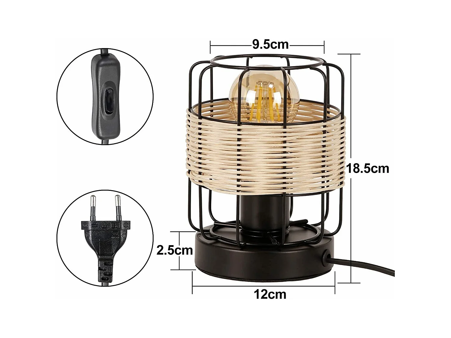 NETTLIFE Tafellamp rotan - E27 Fitting - Vintage - zwart - boho bedlamp - metaal bureaulamp - voor slaapkamer | woonkamer - Zonder lichtbron