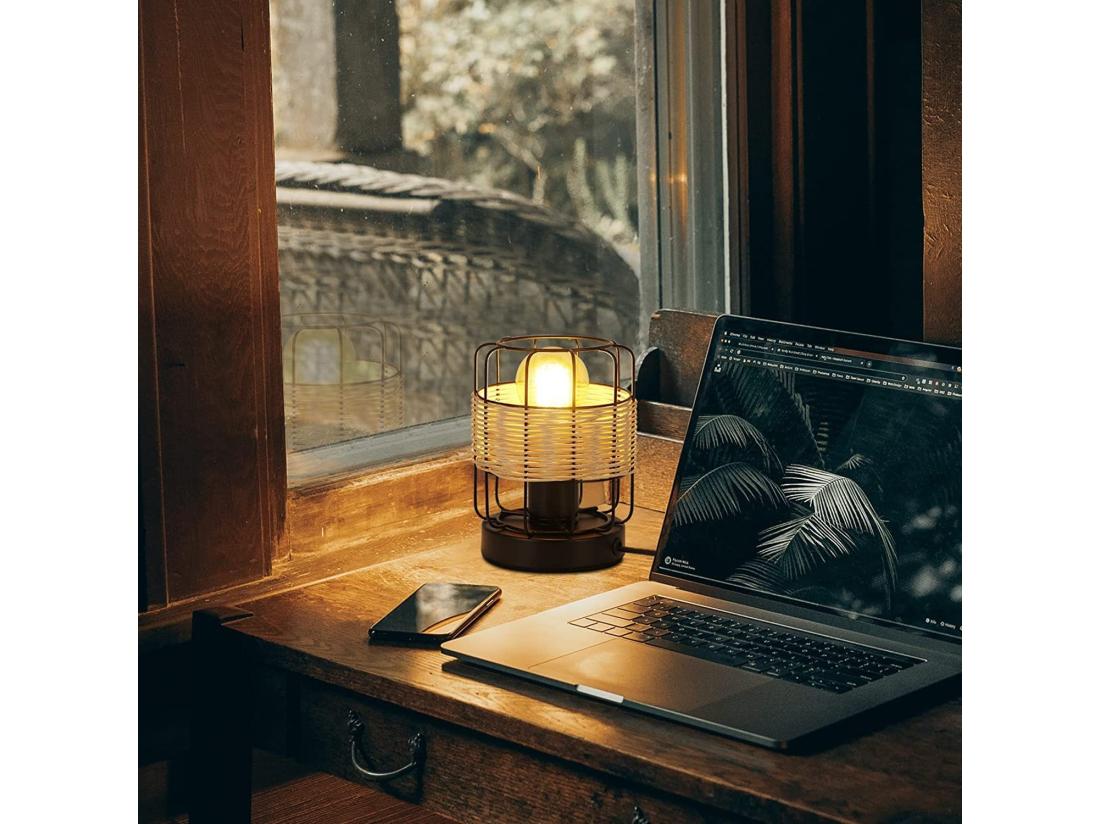 vente unique NETTLIFE lampe de table vintage: petite lampe de table boho lampe salon noir en rotin métal E27 scandinave lampe de bureau déco campagne- sans ampoule