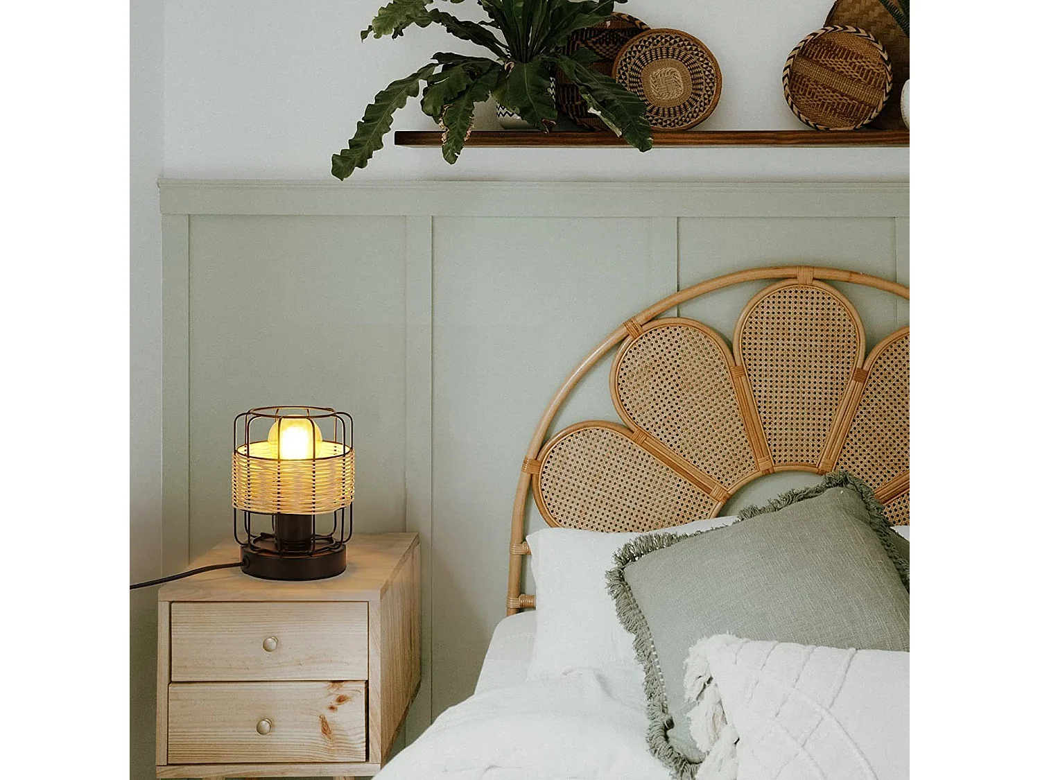 NETTLIFE Tafellamp rotan - E27 Fitting - Vintage - zwart - boho bedlamp - metaal bureaulamp - voor slaapkamer | woonkamer - Zonder lichtbron