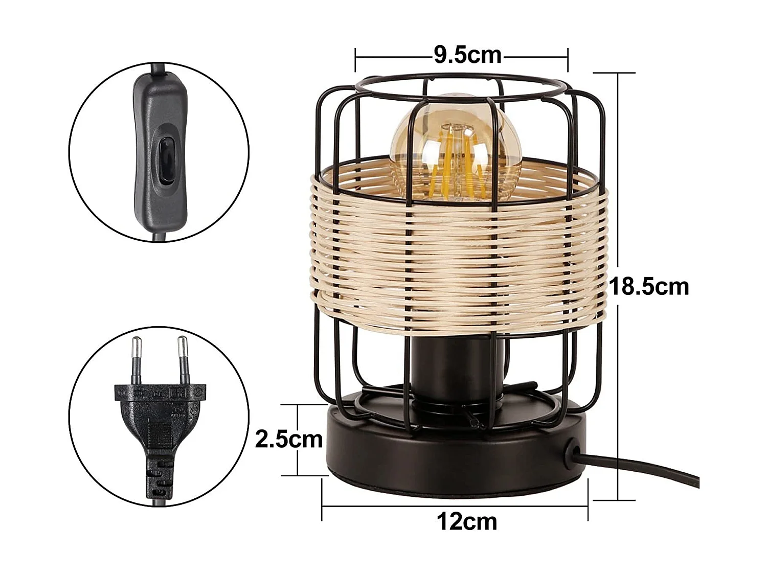 NETTLIFE lampe de table vintage: petite lampe de table boho lampe salon noir en rotin métal E27 scandinave lampe de bureau déco campagne- sans ampoule