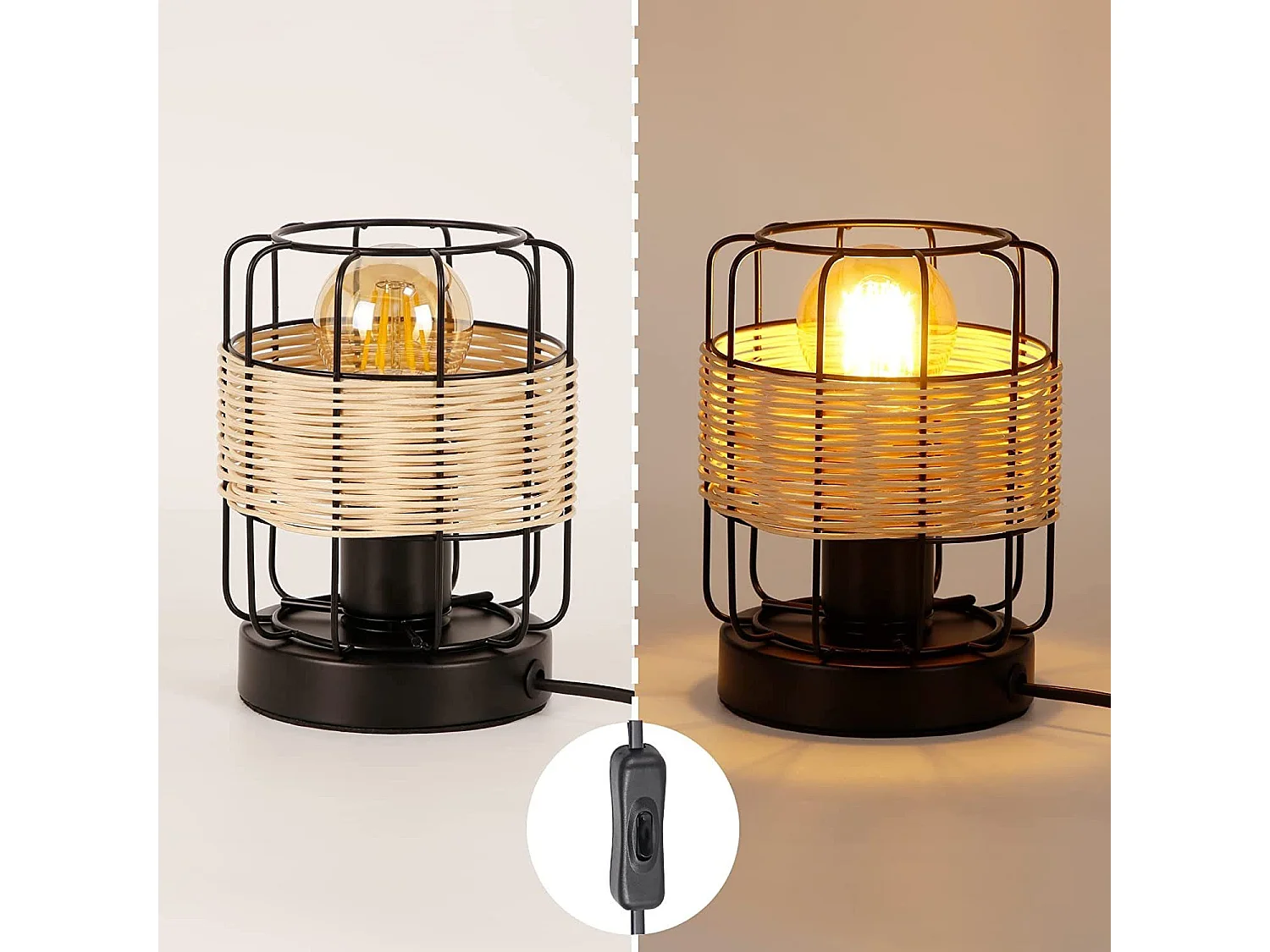 NETTLIFE lampe de table vintage: petite lampe de table boho lampe salon noir en rotin métal E27 scandinave lampe de bureau déco campagne- sans ampoule