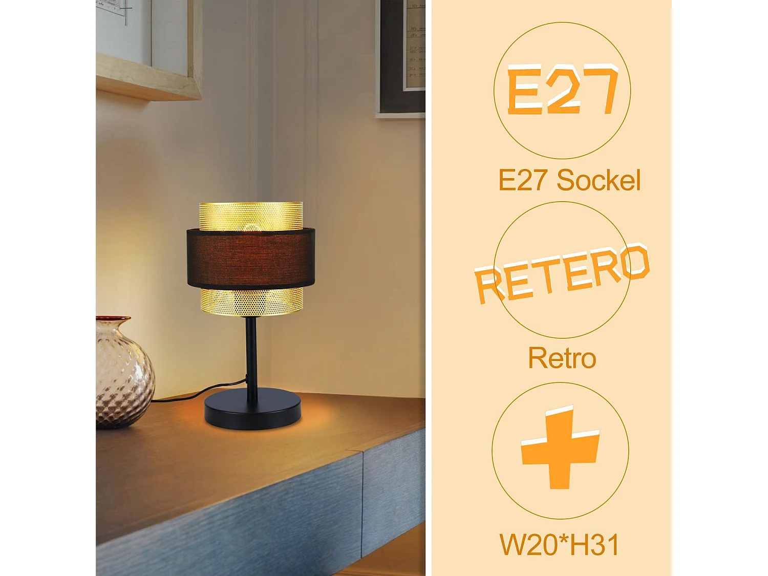 NETTLIFE Lampe de table rétro noir - lampe de table vintage E27-jour en tissu style industriel antique - sans ampoule