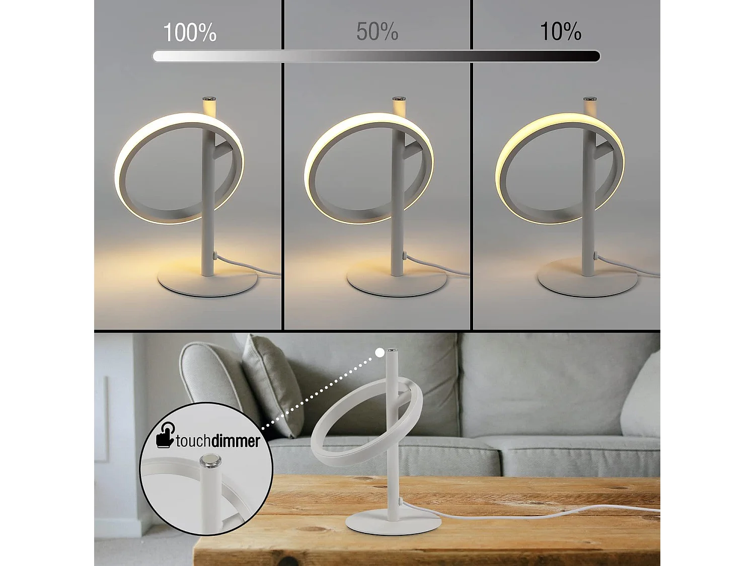 LED Tischleuchte Touch Dimmbar Weiße Ringe 6w 3000k Warmweiß