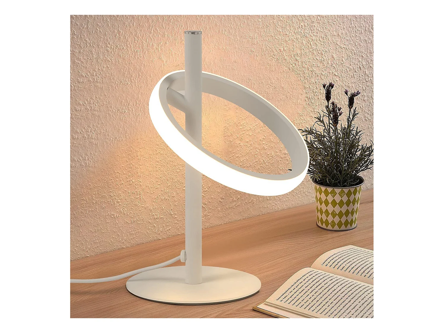 NETTLIFE Lampe de table Moderne LED de table - Blanc Anneau Forme Lampe de chevet Rotation Anneaux amovibles 13W 3000K Blanc chaud