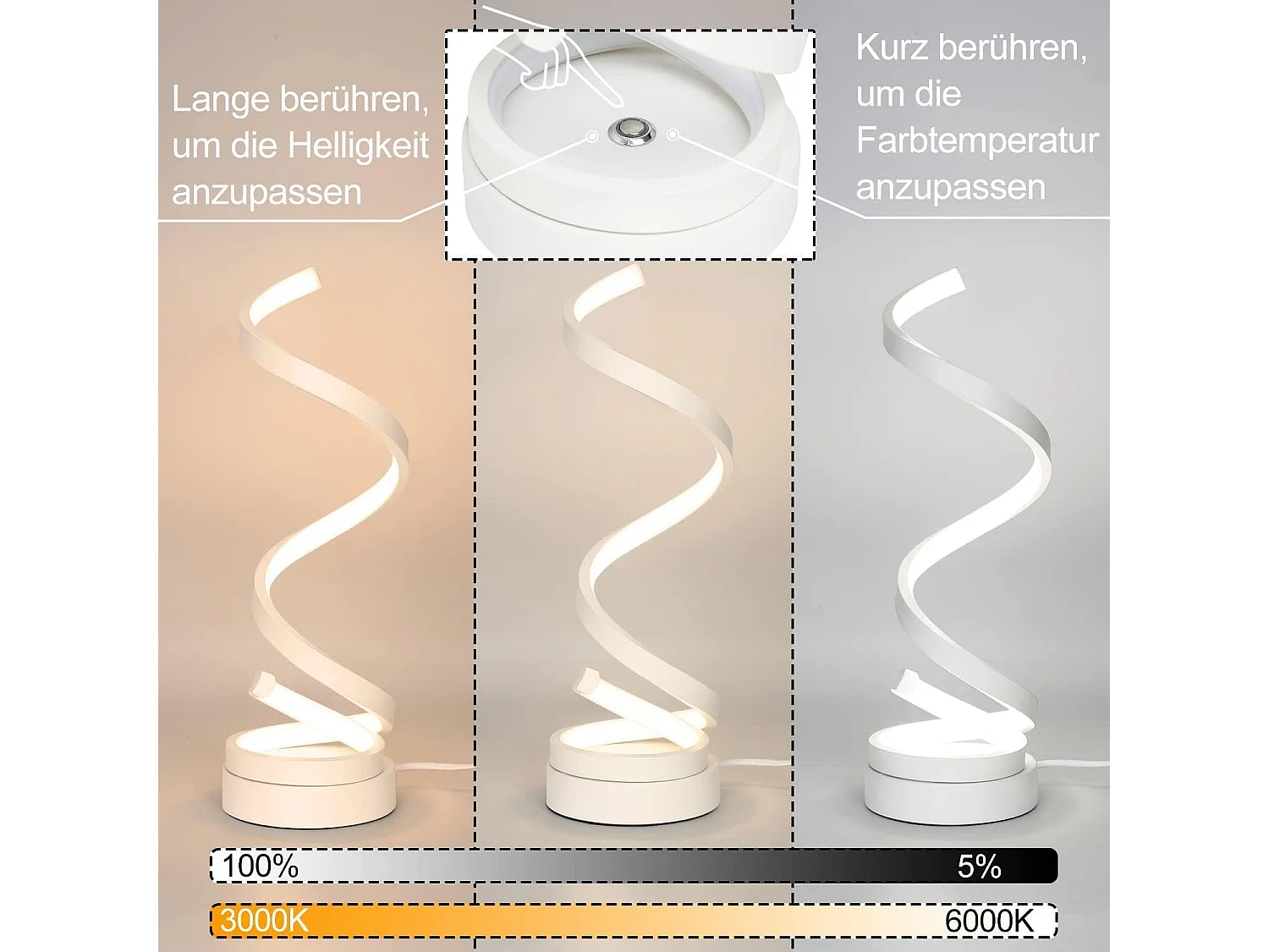 NETTLIFE Lampe de table Touch Dimmable de chevet - Led 12W Moderne blanc  Métal Veilleuse 3000K-6000K Continu avec câble Bureau