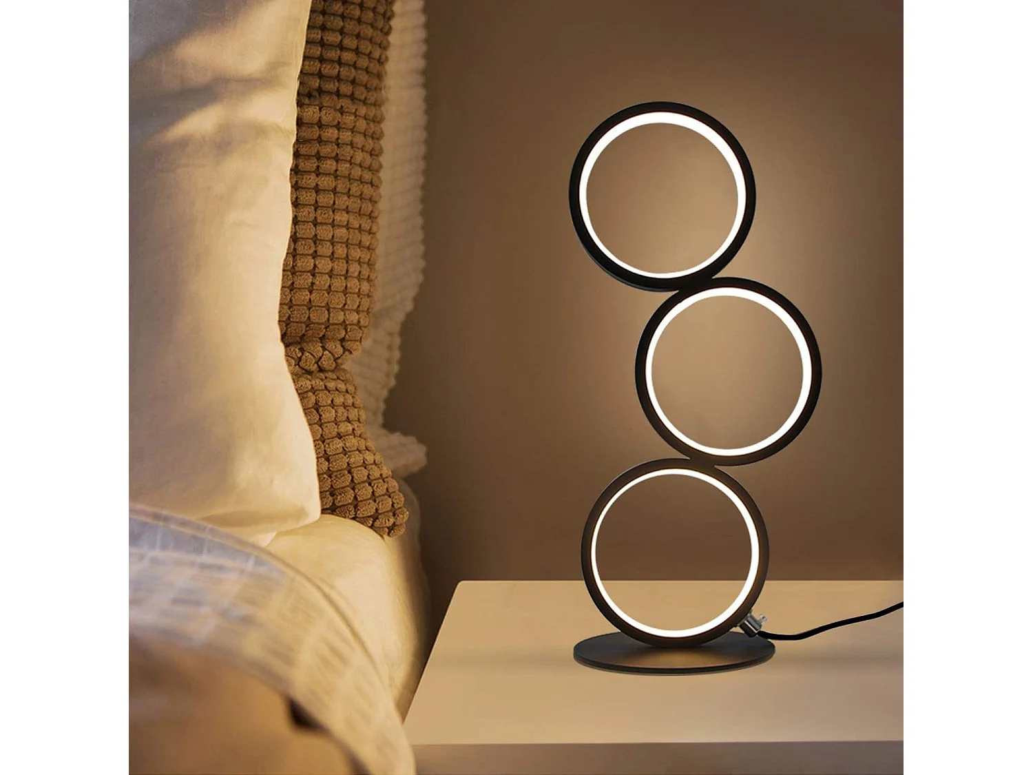 NETTLIFE Lámpara de mesa LED - Lámpara de mesita negra regulable por toque - Lámpara de escritorio en forma de anillo metálico con diseño moderno