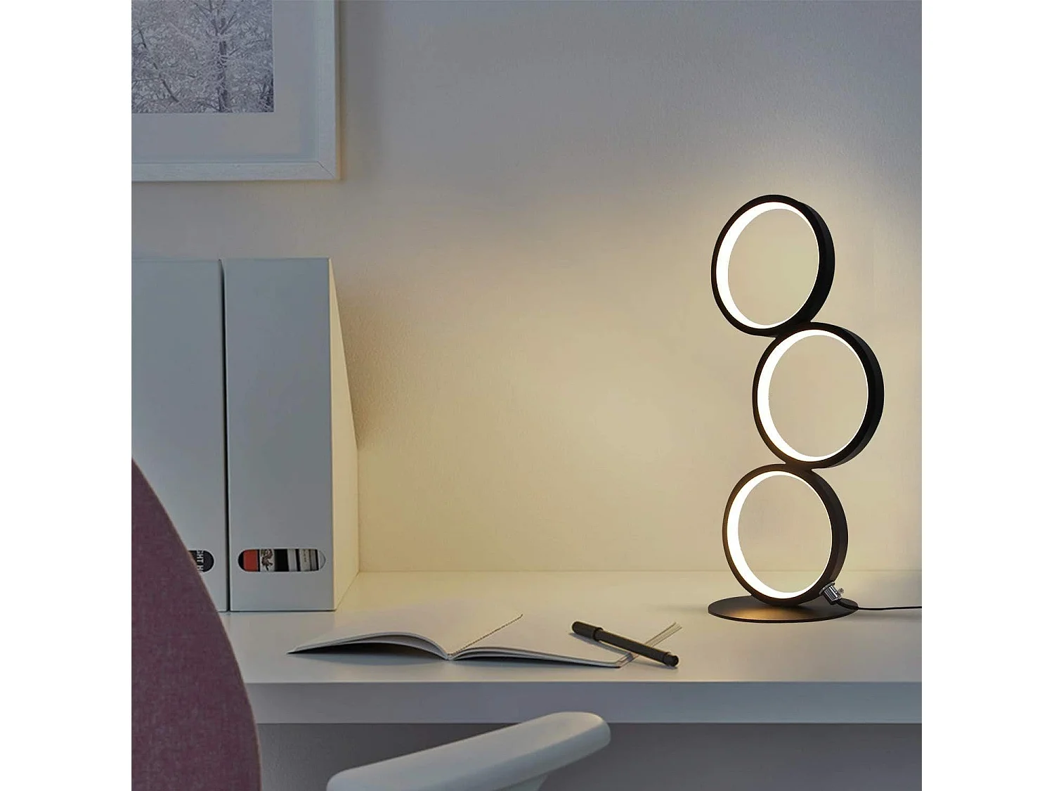 NETTLIFE Nachtkastje - LED - lamp, zwart, aanraakdimmbaar, moderne design, metalen decoratie, ringvormige bureau - lamp, cirkelvormig aluminium, leeslamp.