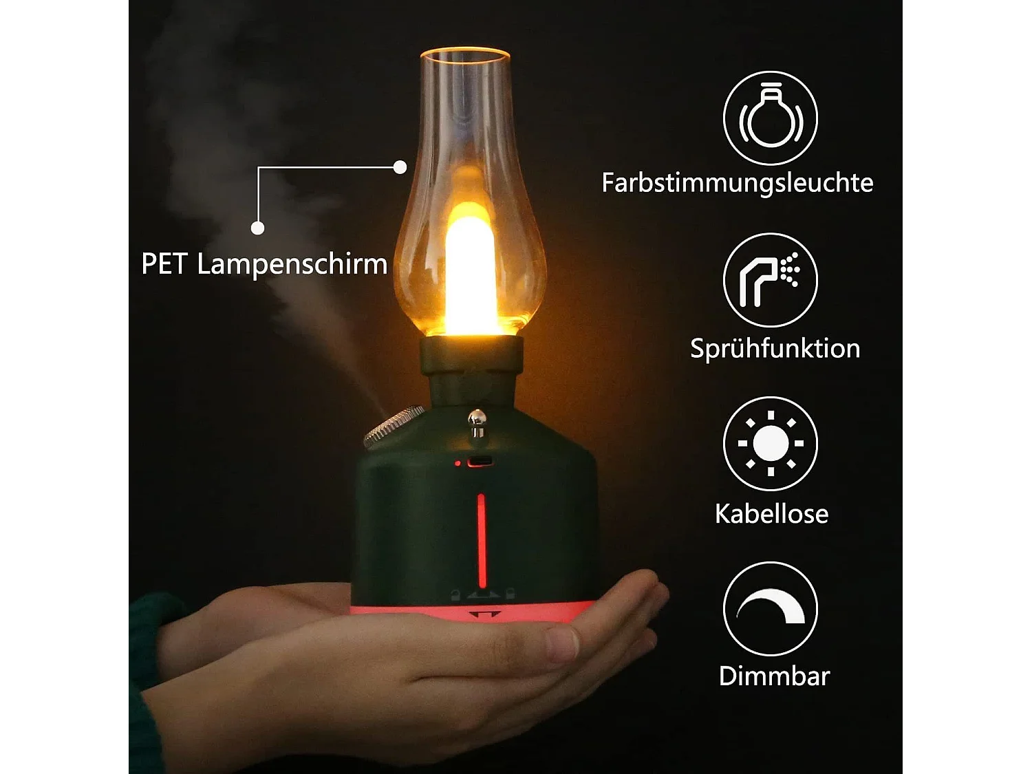 NETTLIFE Lampa stołowa LED Prezent na Boże Narodzenie Lampka nocna Lampka nocna na baterie Bezprzewodowa, zabytkowa nawilżacz Zielona lampa zapachowa Prezent