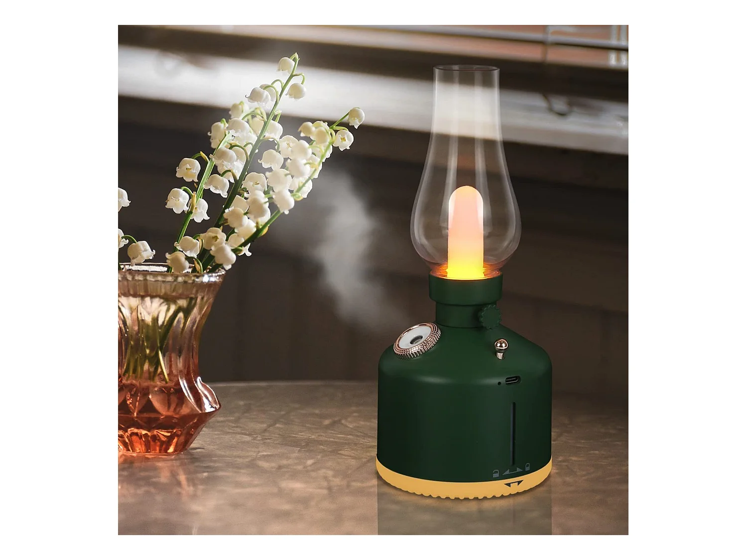 NETTLIFE Lampe de table LED Cadeau de Noël Lampe de chevet Batterie Lampe de table Sans fil  Vintage Humidificateur Vert Lampe de parfum Cadeau
