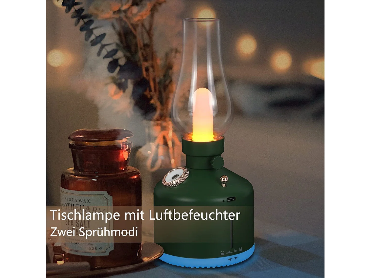 NETTLIFE LED tafellamp, Kerstcadeau, nachtlamp, batterij, draadloze tafellamp, groene vintage - humidificator, parfumlamp, cadeau.