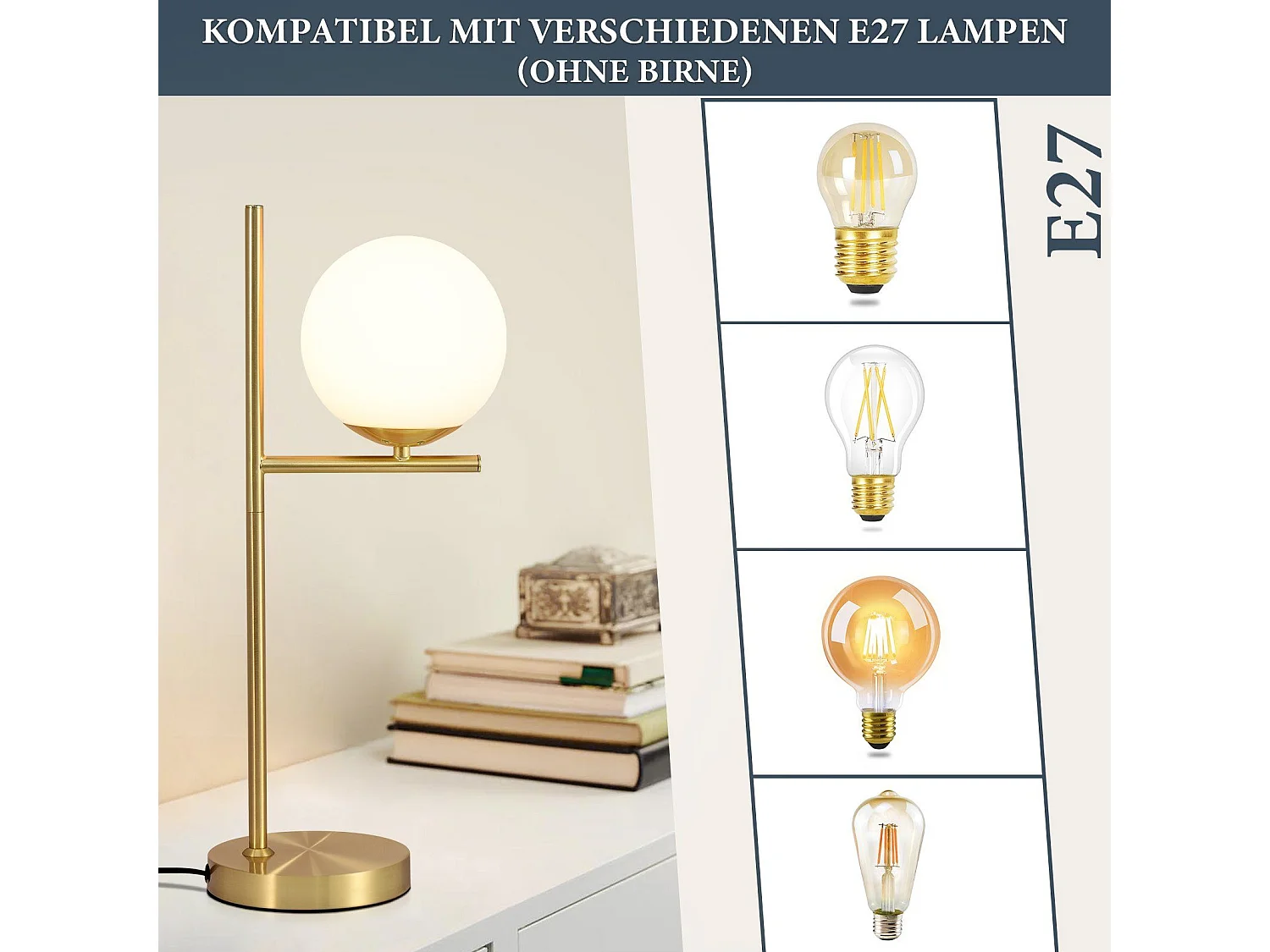 NETTLIFE Moderne Nachttischlampe für das Wohnzimmer – Weißes Glas, industrielle E27-Fassung mit Schalter für Schlafzimmer, Büro