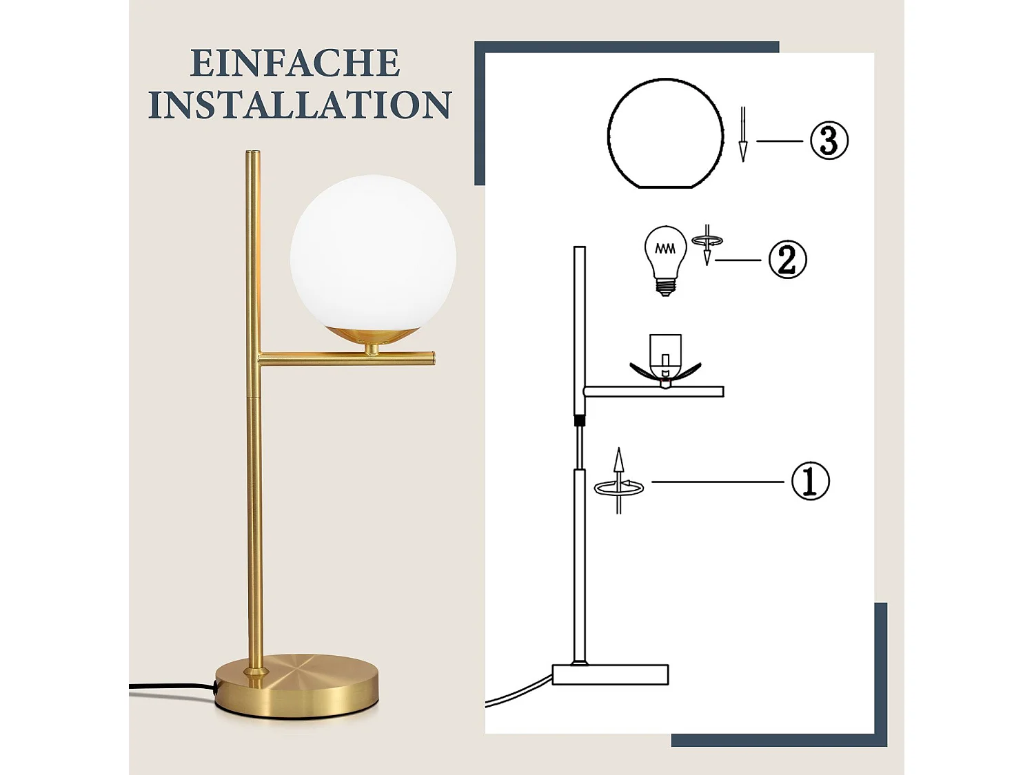 NETTLIFE Moderne Nachttischlampe für das Wohnzimmer – Weißes Glas, industrielle E27-Fassung mit Schalter für Schlafzimmer, Büro