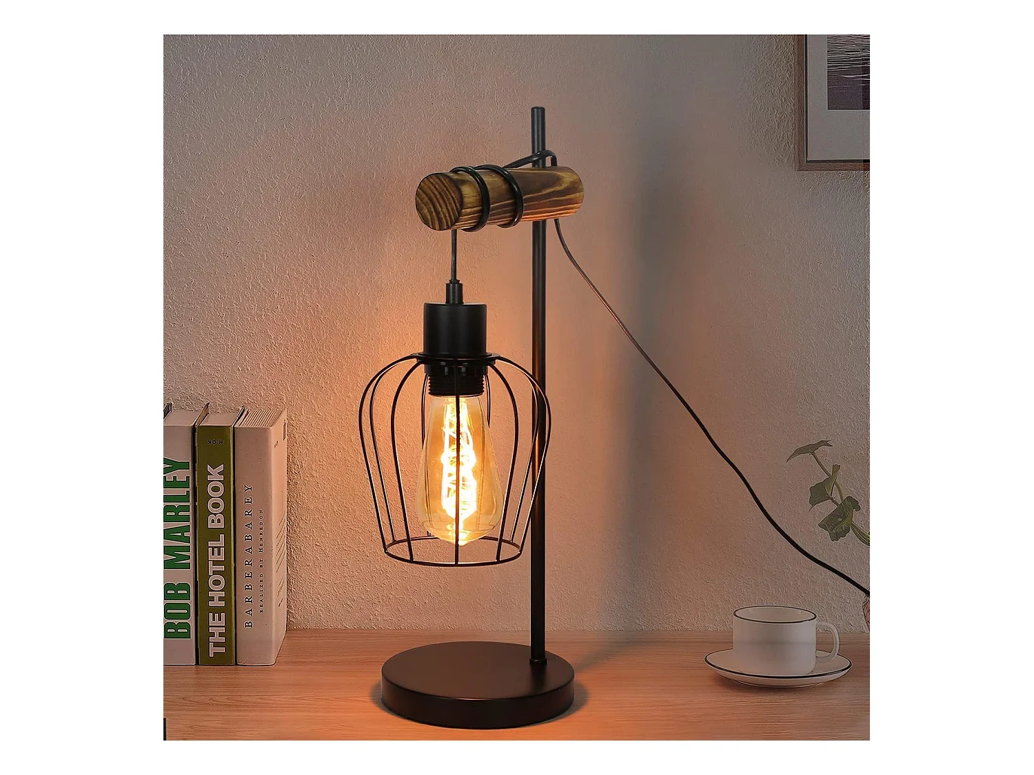 NETTLIFE Lampe de table rétro 1 flamme lampe de chevet vintage en métal et bois - noir - douille : E27 - interrupteur inclus - ampoules non comprises